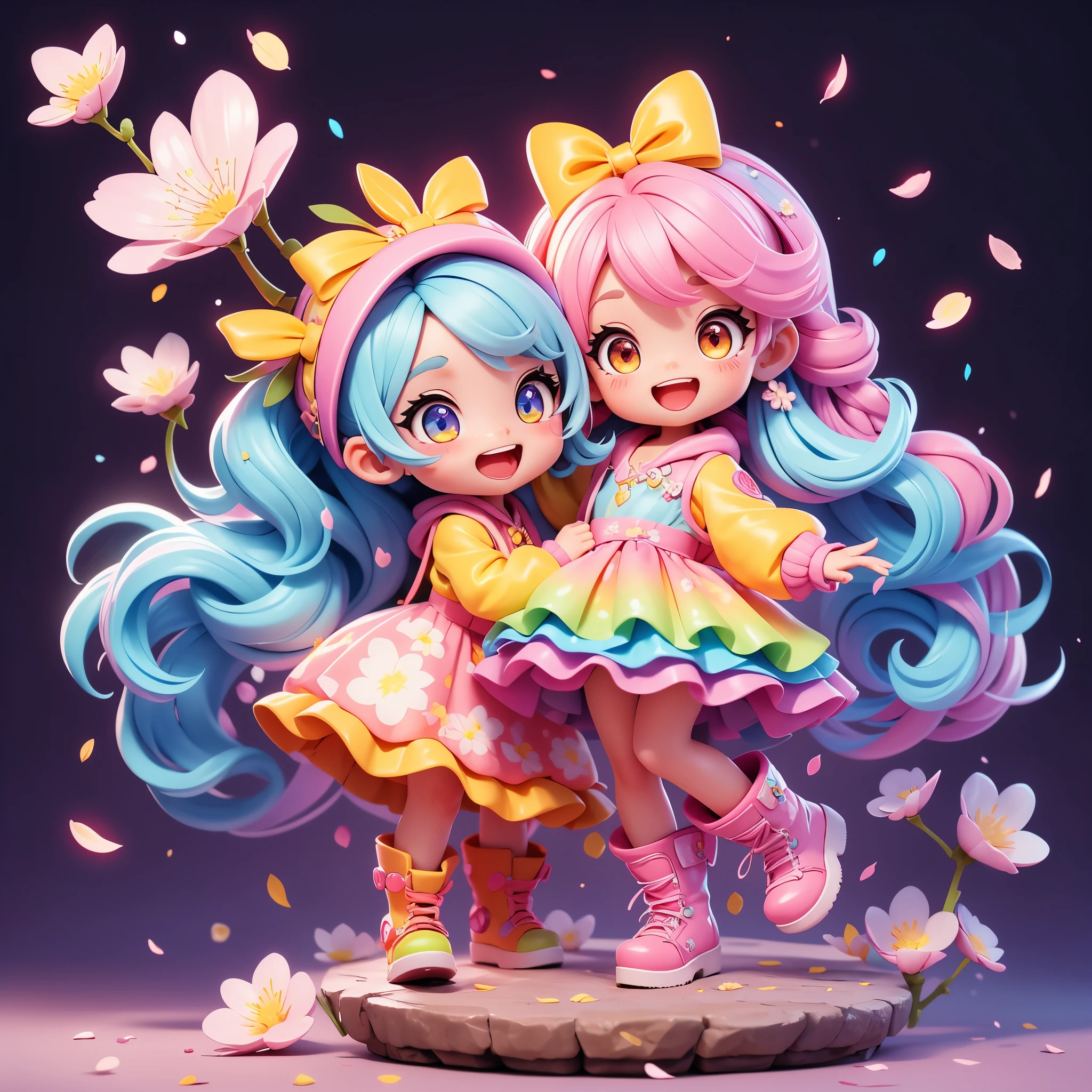 Stand in front of the photo、1girl in,Full body、Longhair-, rainbow color Hair,long boots,Open mouth and big smile、kawaii pose、Flowing iridescent silk、up of face、Eye Up、Colorcon with heart pattern、Floral dress、There are flowers even in front of you、Cherry blossom petals、season!!: springtime☀ 🍂
