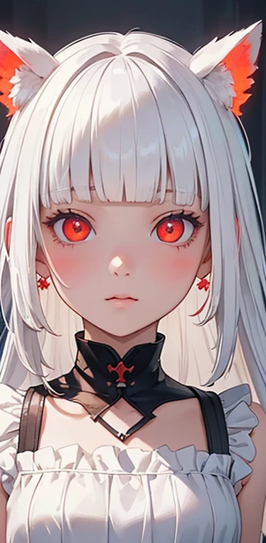 (8K、highest quality、masterpiece:1.2)、Super detailed、super resolution、Realistic、1  girl、(white hair)、(blunt bangs:1.5),RED eyes、(face focus:1.3,upper body),(glowing eyes:1.3),(sundress:1.3)、(clear face:1.3),cute face,blush、small breasts,school girl,
