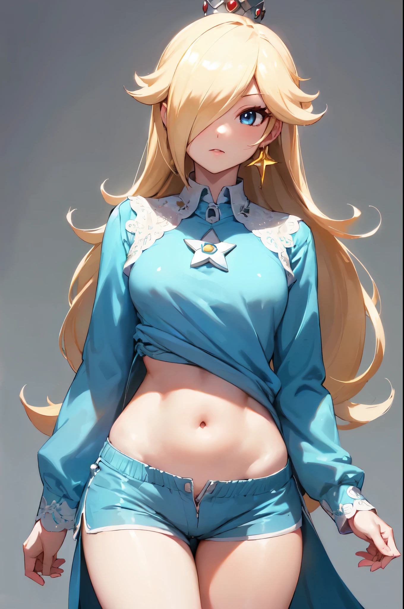 Rosalina, very short clothes, sensual clothes, blonde hair, blue eyes, hair over one eye, long hair, small breasts, microskirt, lower part of the breasts exposed, blouse lifted showing part of the breasts, belly exposed, crown, earrings, jewelry, princess, star earrings, looking at viewer, best quality, high resolution, (beautiful detailed eyes: 1.6), extremely detailed face, extremely detailed CG, (perfect hands, perfect anatomy),