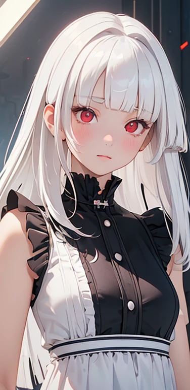 (8K、highest quality、masterpiece:1.2)、Super detailed、super resolution、Realistic、1  、(white hair)、(blunt bangs:1.5),RED eyes、(face focus:1.3,upper body),(glowing eyes:1.3),(sundress:1.3)、(clear face:1.3),cute face,blush、small breasts,school girl,
