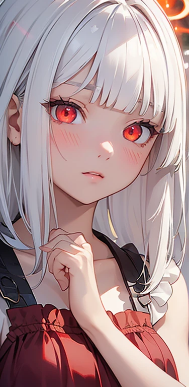 (8K、highest quality、masterpiece:1.2)、Super detailed、super resolution、Realistic、1  、(white hair)、(blunt bangs:1.5),RED eyes、(face focus:1.3,upper body),(glowing eyes:1.3),(sundress:1.3)、(clear face:1.3),cute face,blush、small breasts,school girl,
