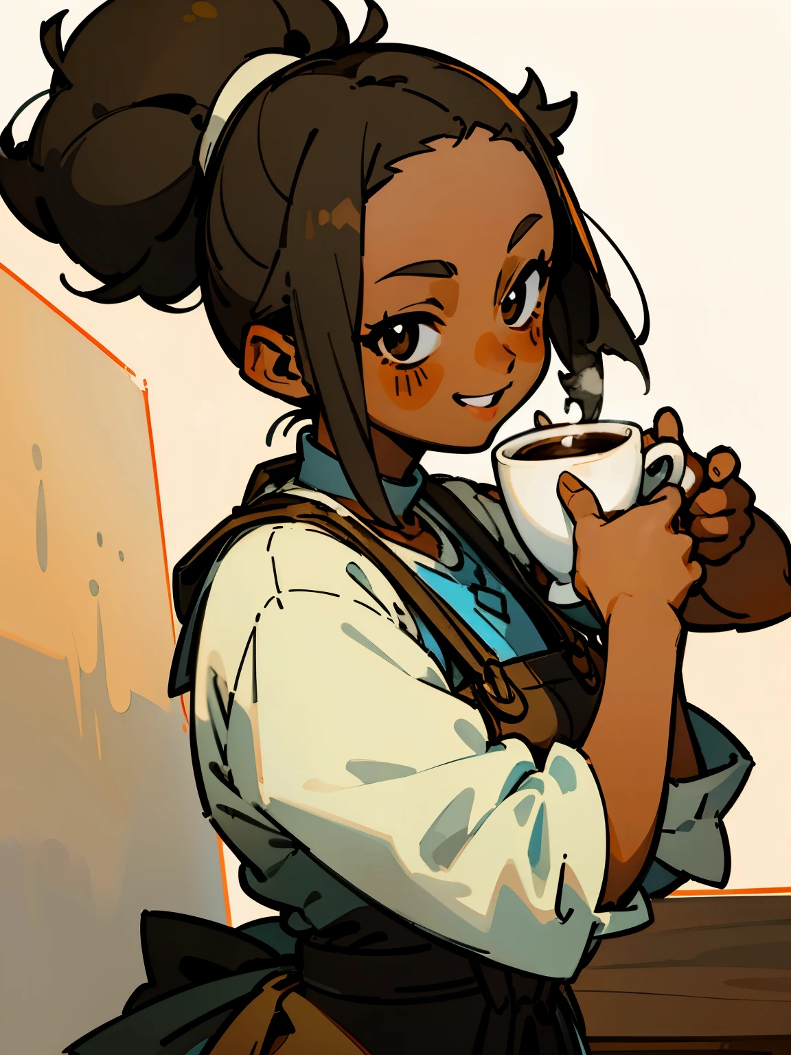 character, best quality, masterpiece, same character, illustration, 1 girl, dark hair, dark skinned, hair bun, tomboy, woman, smiling, coffee in hand, front view, cafeteria