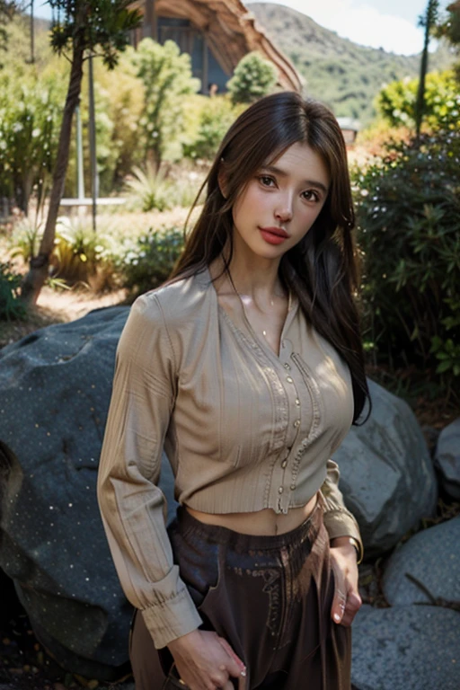 Visualize a girl dressed in a khaki blouse and beige trousers, her light brown hair gently tousled by the mountain breeze, positioned against an 8K lifelike background of rugged peaks and valleys, with hints of sunlight filtering through the clouds, creating a serene and ethereal atmosphere, Sculpture, clay sculpture with intricate detailing and subtle shading, --ar 16:9 --v 5