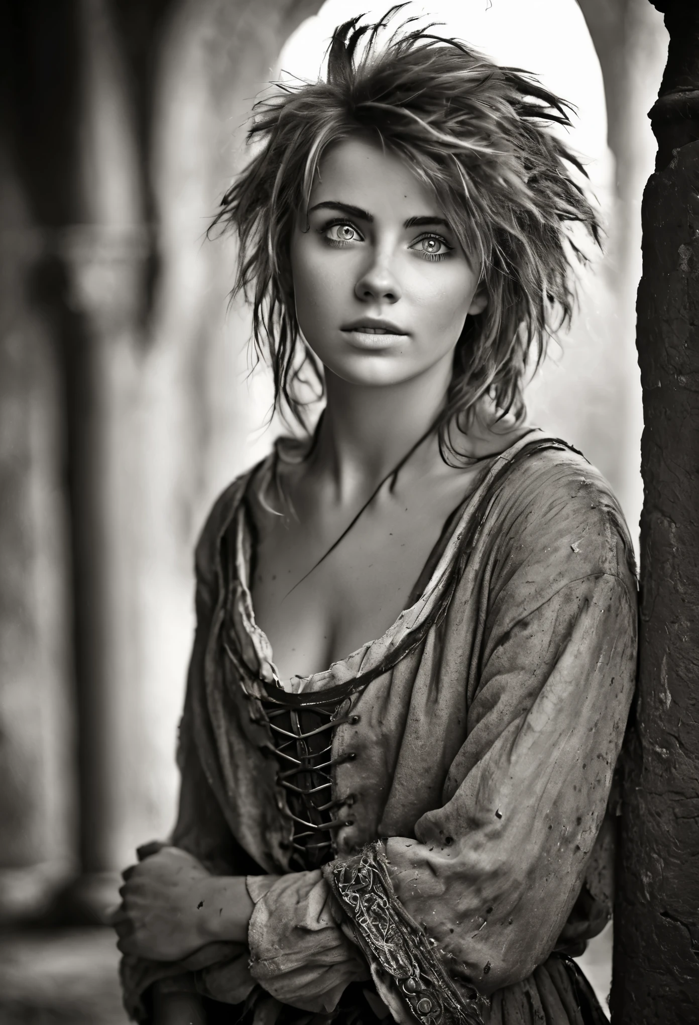 Photorealistic, cute woman with messy hair and poor tattered clothes, cute sexy, (detailed medieval background), ultra sharp focus, detailed face, (((posing))),  random hair color, short hair, beautiful eyes, full body, high quality black and white analog photo,  depth of field, film grain 