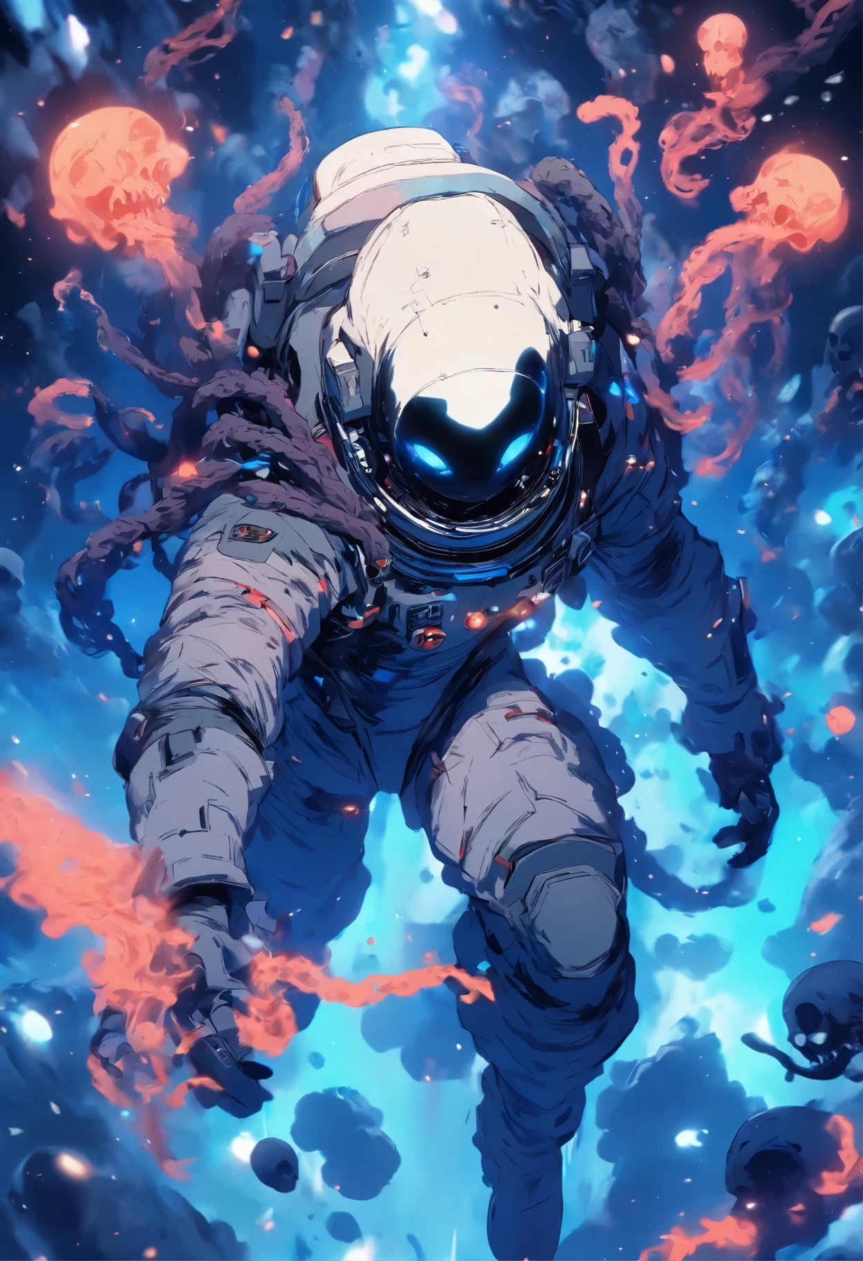 Black white and dark blue themed, An astronaut floating in dark Space with Black slime emating from him like tentacles, black slime, black slime emating from him, a skull instead of his face, science fiction, skull , Sense of horror, C4D, Oc renderer, unreal engine, high detail, scary design, 8k HD, scary ambiant light, Space horror, solo leveling
