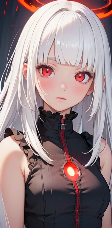(8K、highest quality、masterpiece:1.2)、Super detailed、super resolution、Realistic、1  、(white hair)、(blunt bangs:1.5),RED eyes、(face focus:1.3,upper body),(glowing eyes:1.3),(sundress:1.3)、(clear face:1.3),cute face,blush、small breasts,school girl,
