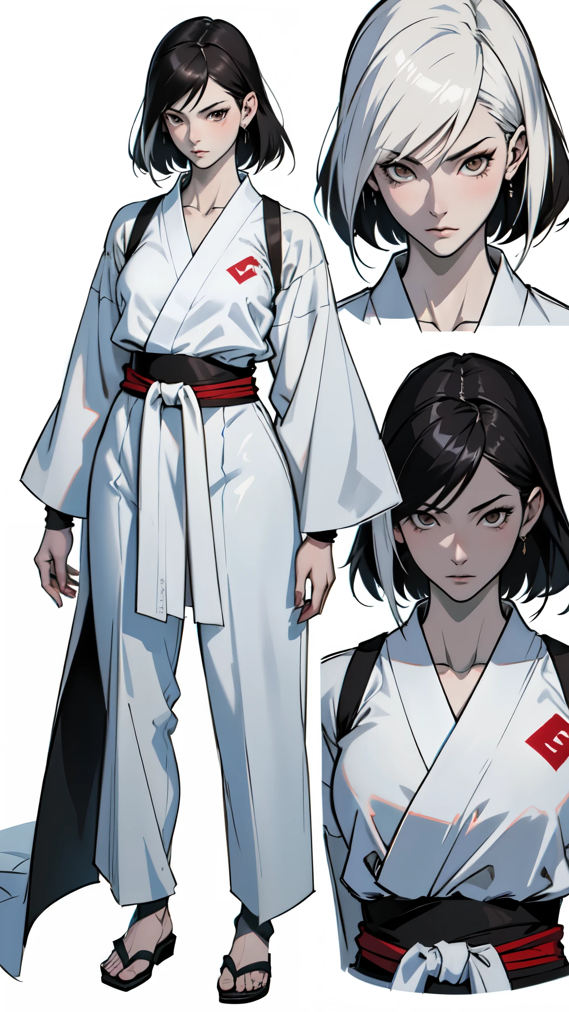 (absurdres, highres, ultra detailed),(absurdres, highres, ultra detailed), 1 japanese female, adult, beautiful, tall lady, thin waist, ((pale skin)), finely detailed eyes and detailed face, elegant short straight black hair, (wearing a white judo Judogi), elegant, neat, graceful, seductive look, attractive, brown eyes, white background, (anime character sheet), (full body), (several poses and expressions), kazumi from the king of fighters