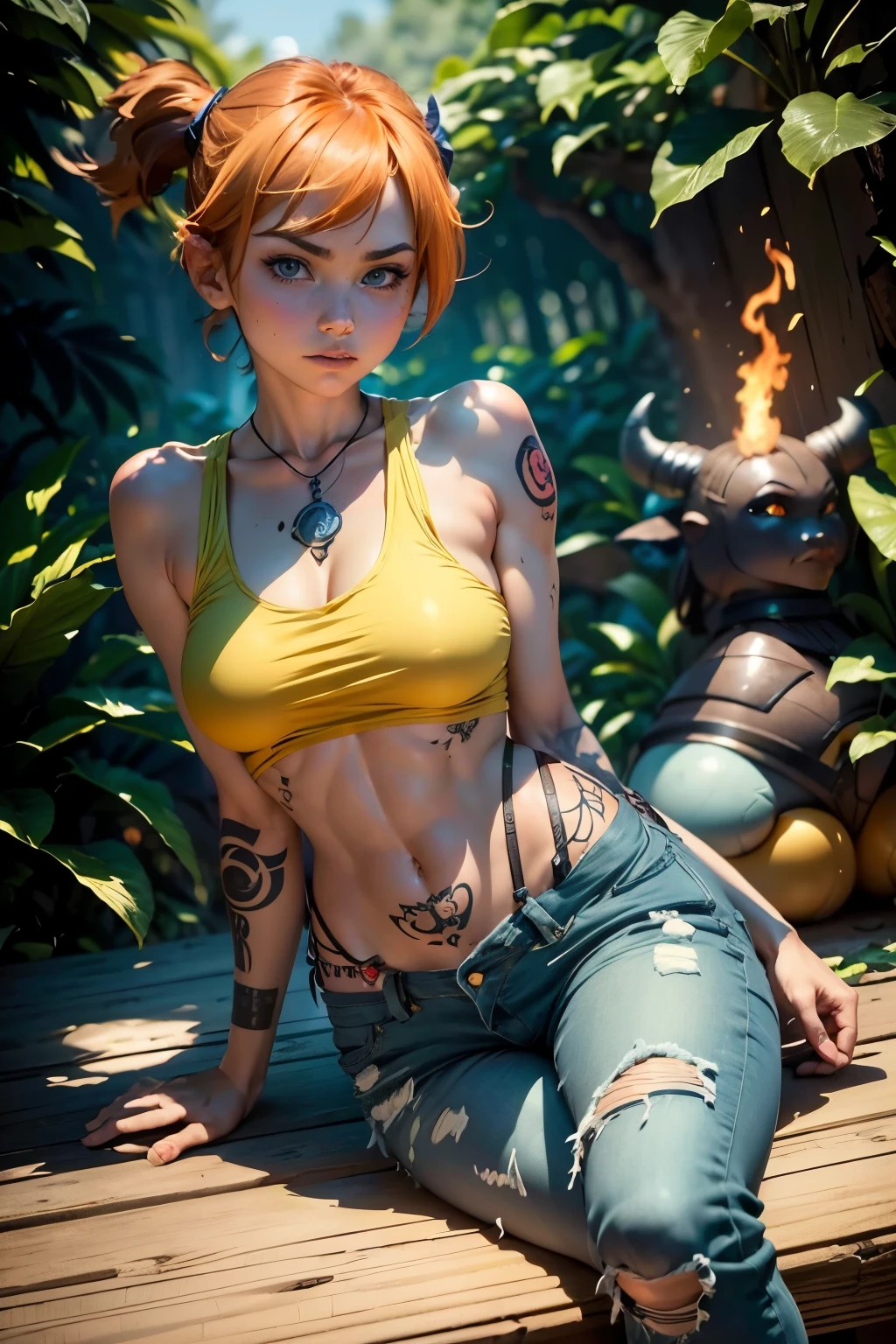 (masterpiece: 1.5, best quality: 1.5, absurd), ultra detailed, perfect anatomy, (reference hand anatomy: 1), correct anatomy, realistic and detailed face, 1 girl, misty (pokemon, Misty:1) , orange hair, alone, serious face appearance, full sweatpants, suspenders, side ponytail, orange hair, abdomen, yellow crop top, navel, short hair, denim, cowboy style jean shorts, outdoors, under, medium and round breasts, (tattoos on the arms, one arm with a flame tattoo and the bull arm with tattoos of Japanese type waves), externally expanded chest, dynamic sexy pose, sitting with pokemons, background of the pinky room.