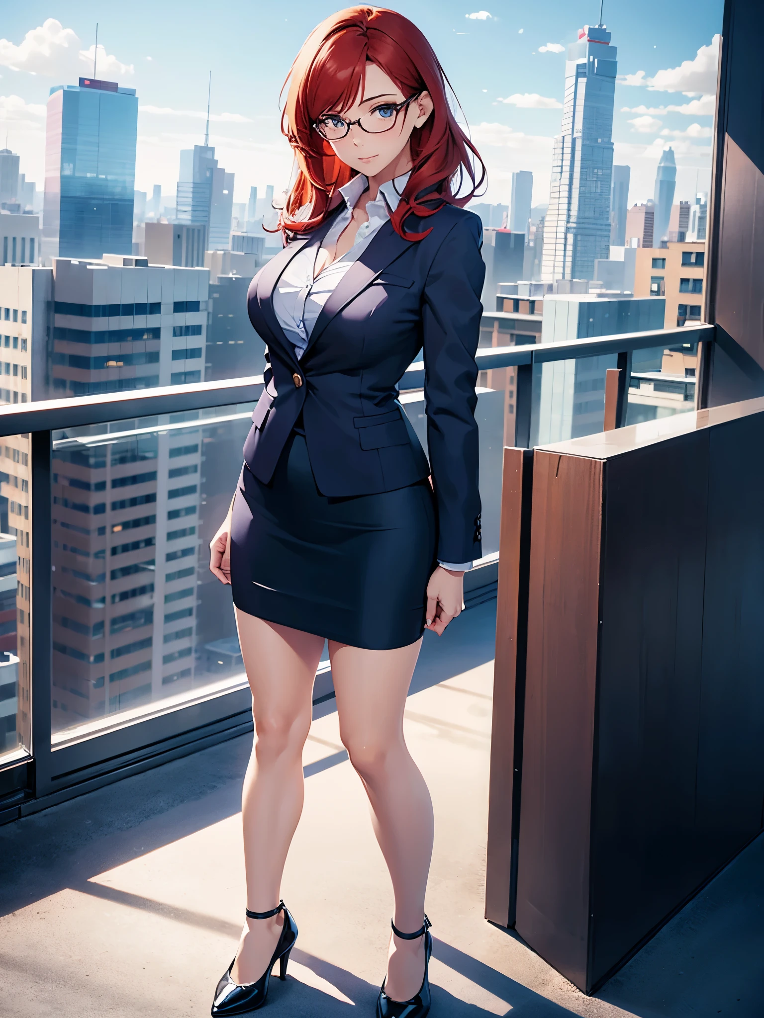 1girl, medium breasts, bare legs, shoes, shoes, city backdrop, solo, single, standing, full body shot, cowboy shot, beautiful detailed eyes, mature lady, glasses, office lady, blue suit, blue pencil skirt, miniskirt, red hair, medium hair