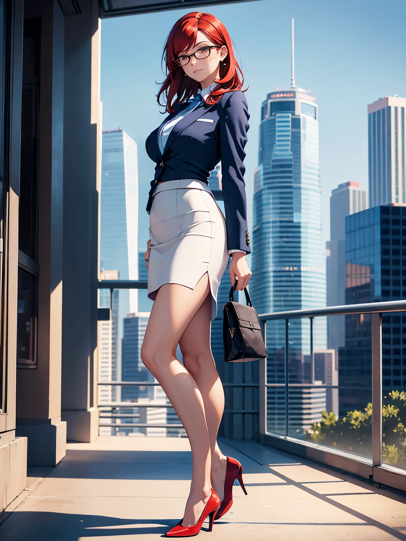 1girl, medium breasts, bare legs, shoes, shoes, city backdrop, solo, single, standing, full body shot, cowboy shot, beautiful detailed eyes, mature lady, glasses, office lady, blue suit, blue pencil skirt, miniskirt, red hair, medium hair