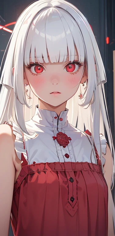 (8K、highest quality、masterpiece:1.2)、Super detailed、super resolution、Realistic、(1girl)  、(white hair)、(blunt bangs:1.5),RED eyes、(face focus:1.3,upper body),(glowing eyes:1.4),(sundress:1.3)、(clear face:1.3),cute face,blush、small breasts,school girl,
