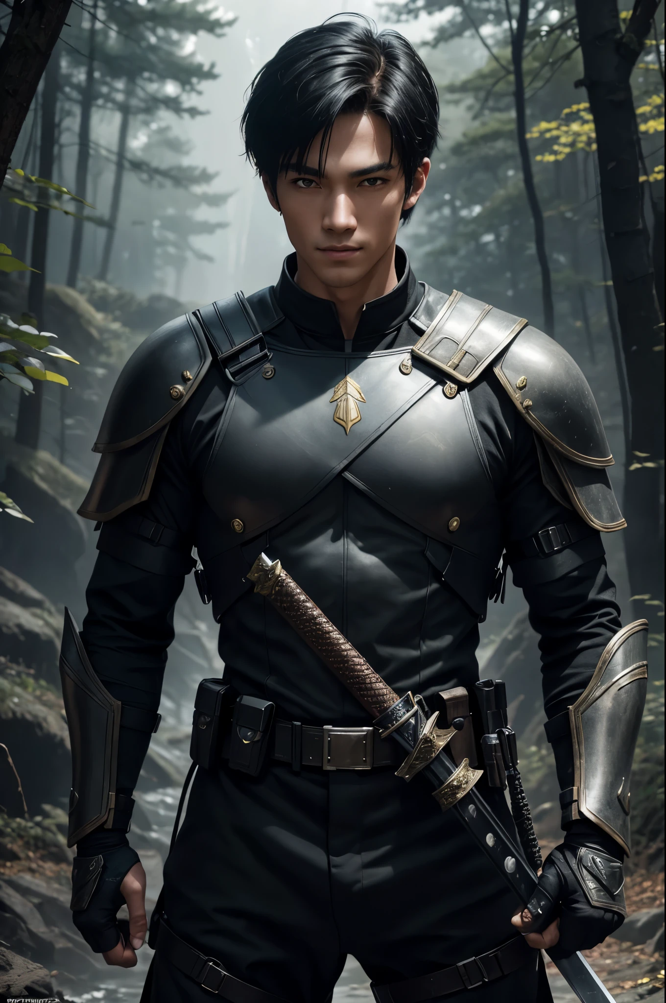 8K,Tall young boy in black combat uniform,super handsome(like the real thing),black combat pants,black eyes,black bob hair,black combat gauntlets,special forces,Holds a long and large Japanese sword,masterpiece,Photorealistic RAW photos of the highest quality。Backlight, cinematic lighting, film grain, to be born, 50mm lens, Nikon D850,super realistic skin,fantasy art,character art,ultra high resolution,Has a muscular slender body,perfect hands,cool smile,Super beautiful ager,kind eyes,in the dark forest,battle scene,fighting pose,Dynamic Actions,Throw a long and large Japanese sword,take a stand,Active,dynamic pose,same face,flashy action,Close-up,
