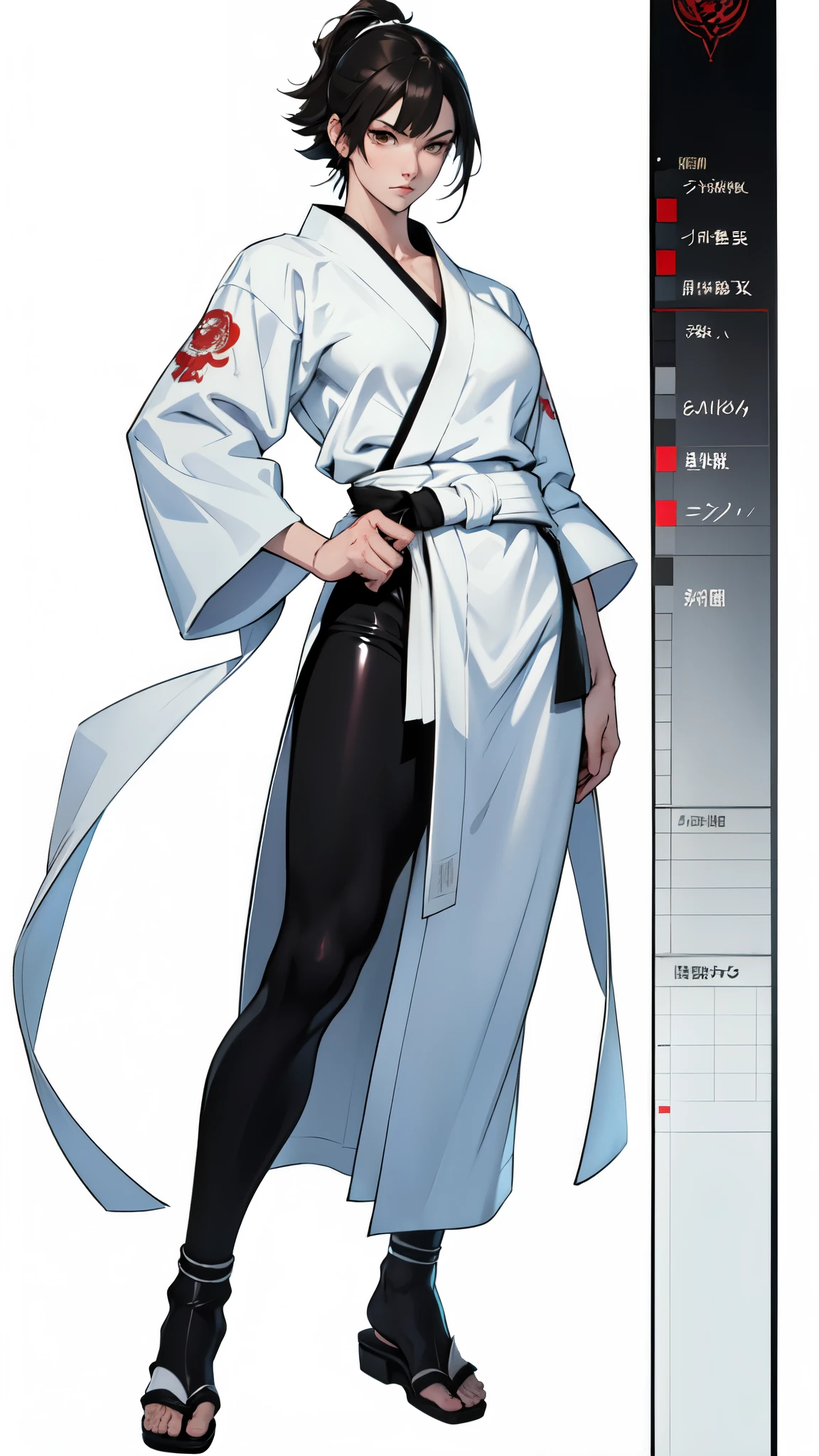 (absurdres, highres, ultra detailed),(absurdres, highres, ultra detailed), 1 japanese female, adult, beautiful, tall lady, thin waist, ((pale skin)), finely detailed eyes and detailed face, short black hair, (wearing a white judo Judogi), elegant, neat, graceful, seductive look, attractive, brown eyes, white background, (anime character sheet), (full body), (several poses and expressions), kazumi from the king of fighters