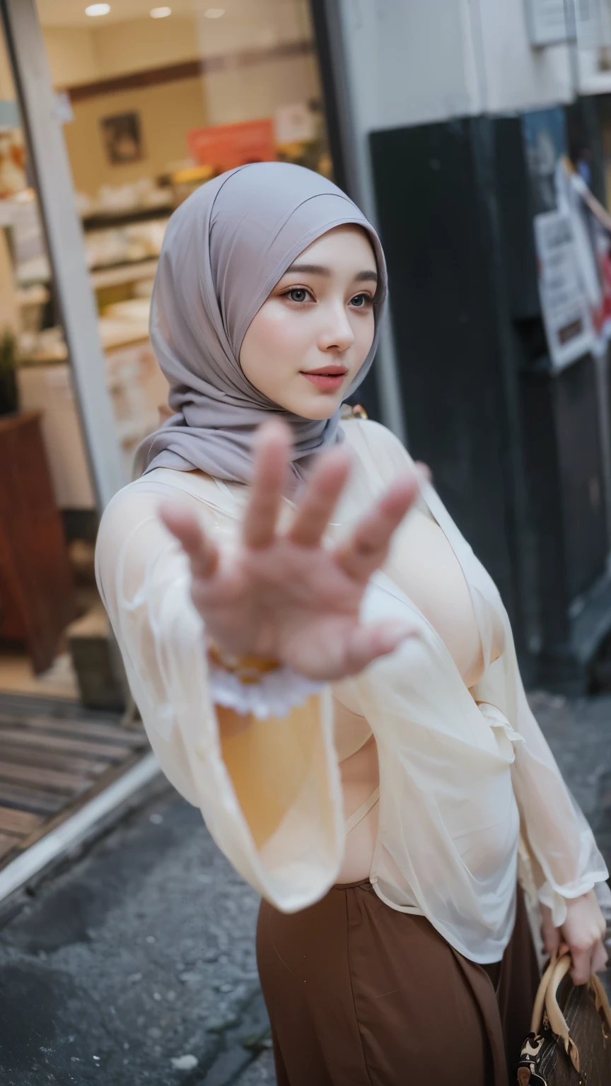 masterpiece, (ultra-high-definition portrait:1.4), Realistic, extremely detailed, CG unified, 8k, wallpaper, highly detailed, High-definition, raw color photos, professional photograpy, Realistic portrait, Cinematic Light, Beautiful detailed, 1hijabgirl in, (165cm tall, big breast with very very tight clothes:1.5), Beautiful big breasts, breasts details, very tight, (smile:1.2), (Fine face, sharp gaze:1.2), Close up of a girl in Beautiful clothes with wide open front, scarf, (transparent Beautiful clothing:1.5), open chest wide, Undress, No bra, (nipple detail:1.2), Outdoors, high intricate detailed, float, cum on, Sense of truth, beautiful landscape forest, sexy lighting,