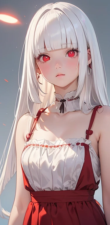 (8K、highest quality、masterpiece:1.2)、Super detailed、super resolution、Realistic、(1girl)  、(white hair)、(blunt bangs:1.5),RED eyes、(face focus:1.3,upper body),(glowing eyes:1.4),(sundress:1.3)、(clear face:1.3),cute face,blush、small breasts,hair ribbon,simple background,
