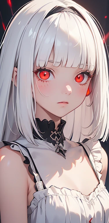 (8K、highest quality、masterpiece:1.2)、Super detailed、super resolution、Realistic、(1girl)  、(white hair)、(blunt bangs:1.5),RED eyes、(face focus:1.3,upper body),(glowing eyes:1.4),(sundress:1.3)、(clear face:1.3),cute face,blush、small breasts,hair ribbon,simple background,
