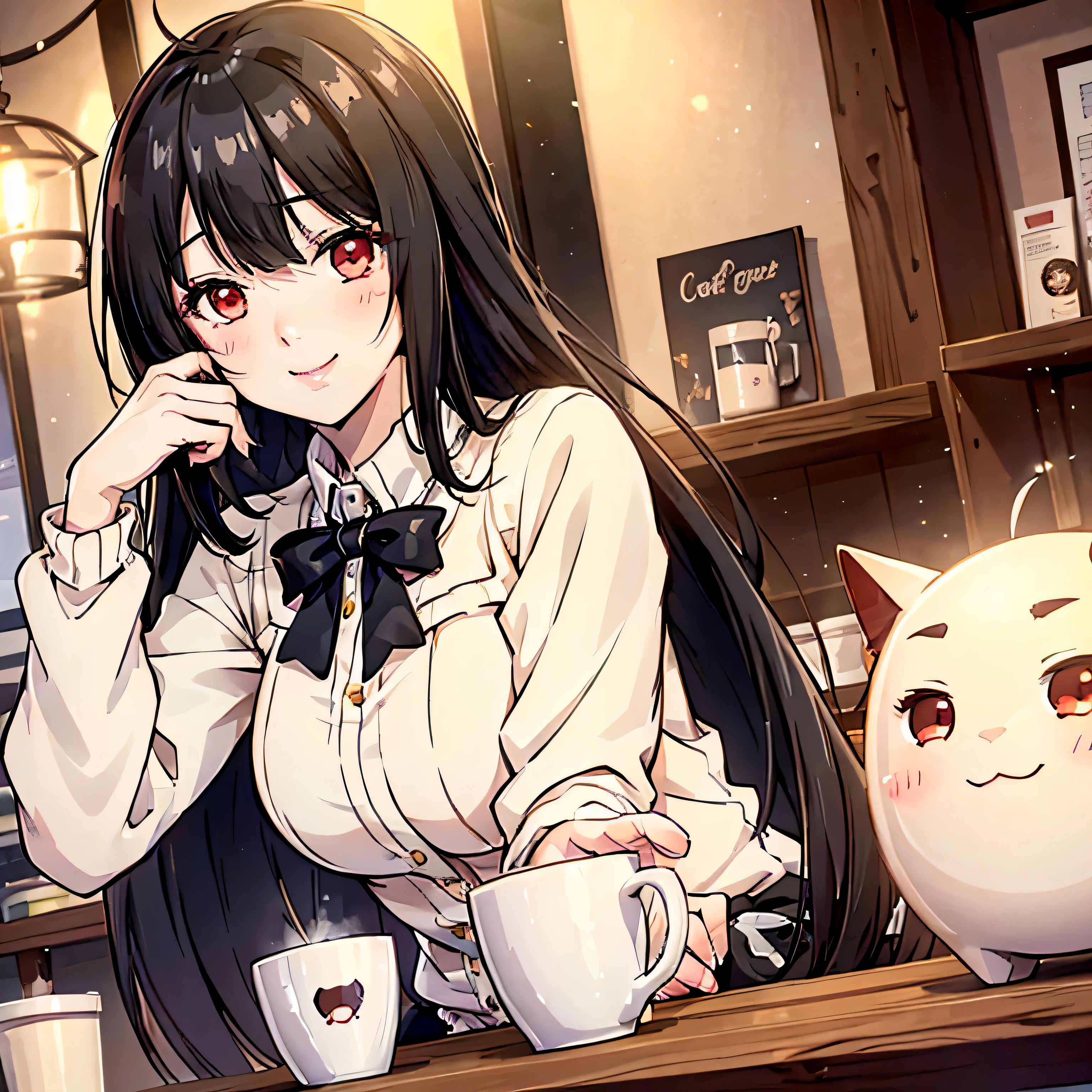 anime girl sitting in cafe with cup of cofee 4k with many details high quality black hair white sweater anime style perfect hands perfect face , smiling face, blush on face, yumeko jabami, red eyes, loft style cafe