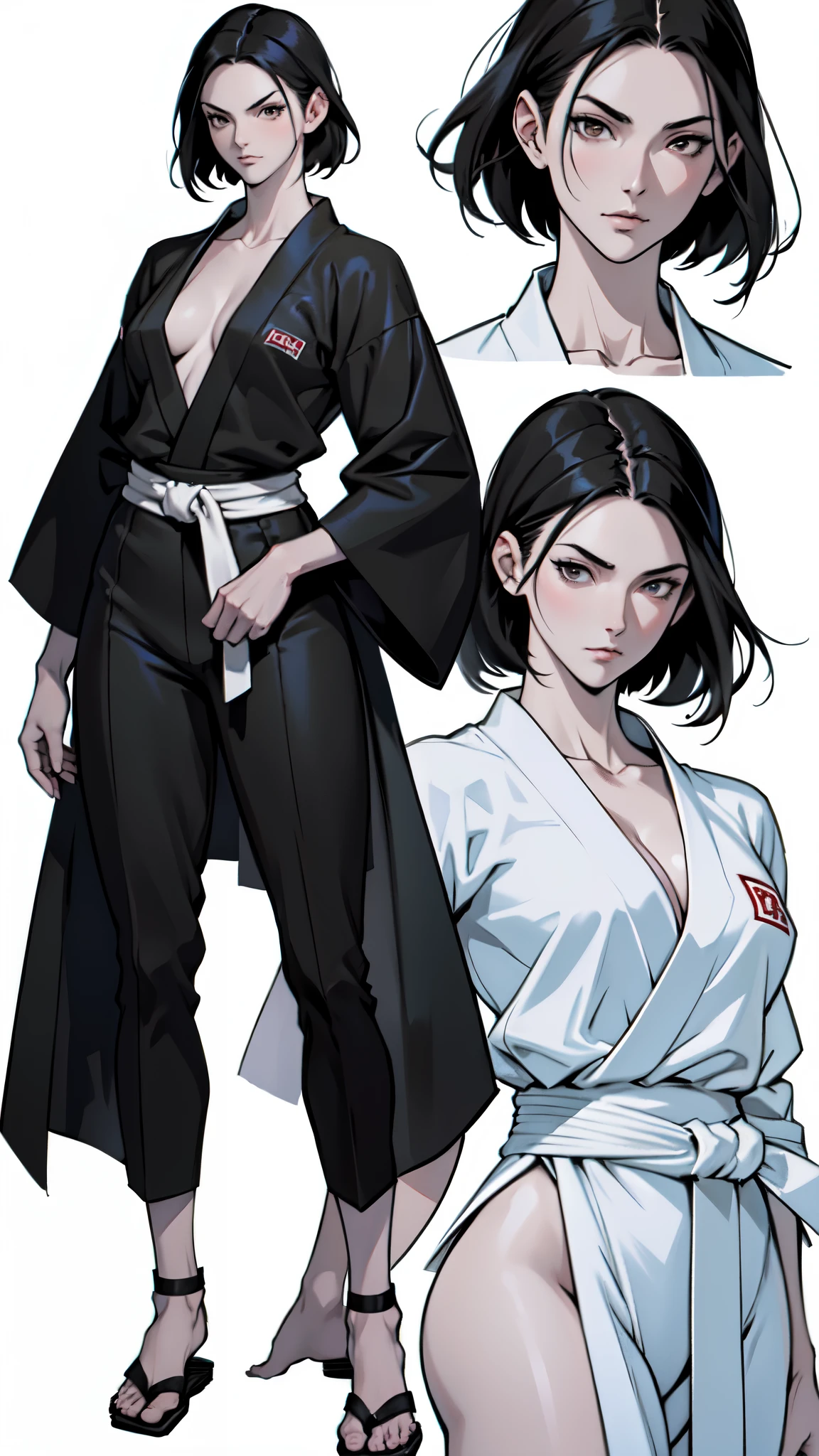 (absurdres, highres, ultra detailed),(absurdres, highres, ultra detailed), 1 japanese female, adult, beautiful, tall lady, thin waist, ((pale skin)), finely detailed eyes and detailed face, (((short black hair))), (wearing a white judo Judogi), elegant, neat, graceful, seductive look, attractive, brown eyes, white background, (anime character sheet), (full body), (several poses and expressions), kazumi from the king of fighters