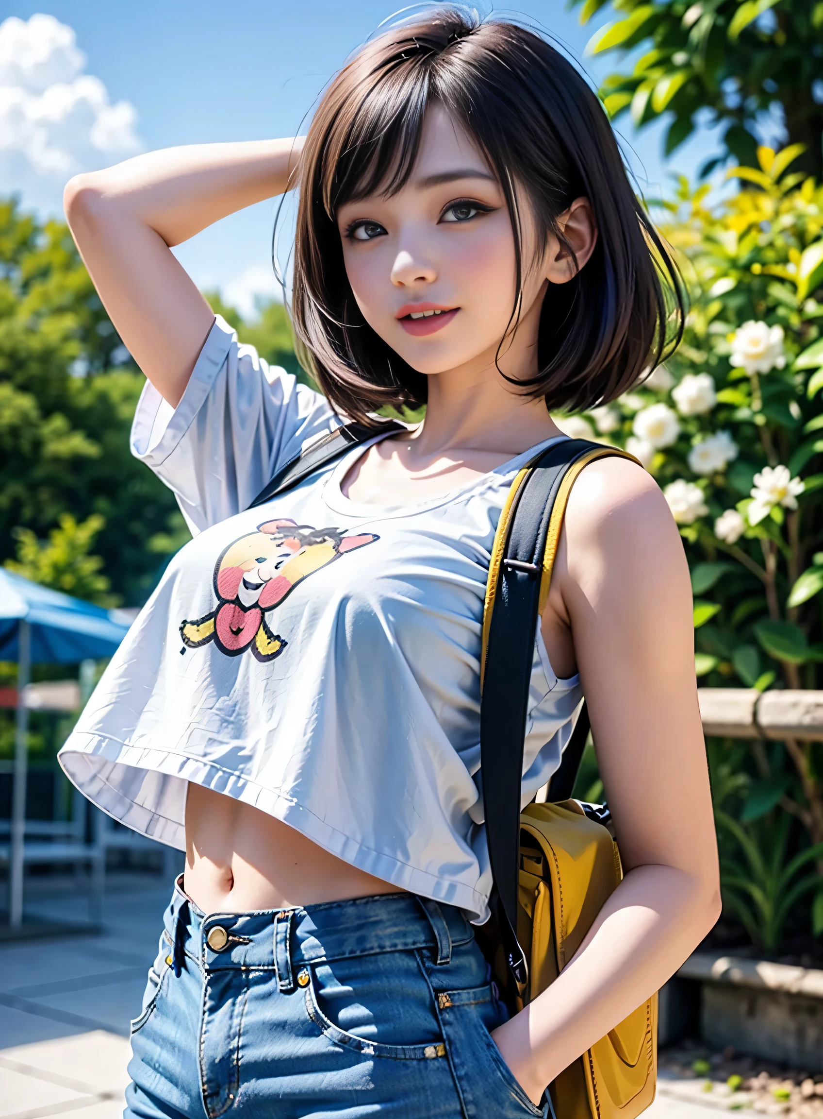 sfw, ((wearing cute little backpack on the back)), The simple illustration portrays an anime-style girl with a T-shirt that suits her well. She exudes a youthful and playful vibe, with big, expressive eyes, a charming smile, and vibrant-colored hair. Her T-shirt has a stylish design that reflects her fun and quirky personality. The background complements her cheerful demeanor, featuring a bright and sunny day with a clear blue sky and fluffy white clouds. Surrounding her are blooming flowers and lush greenery, creating a lively and vibrant atmosphere. This artwork captures the essence of a fashionable and spirited girl, perfectly complemented by the cheerful and vibrant background, wearing bra,((skinny waist)), young asian girl, ((big breasted)),