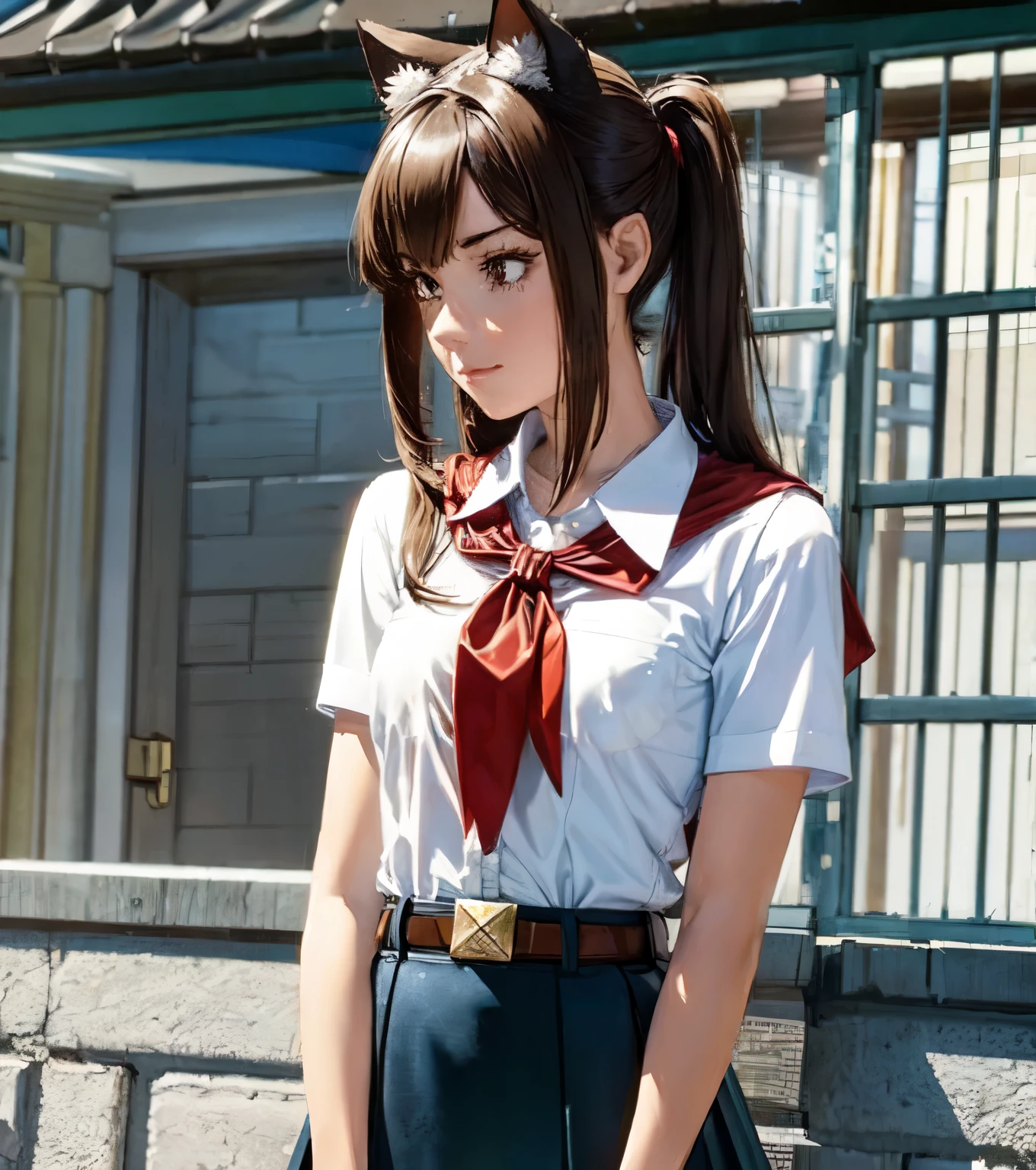 very young slim fit girl, full height, rounded face, very long disheveled dark brown hair, big brown eyes, shy smile, perfect flat breast, band on head with fake cat ears, sashagrey, pioneer neckerchief, short tight blue pleated skirt, bangs, tight white shirt, short sleeves, collared shirt, belt, red neckerchief, breast pocket