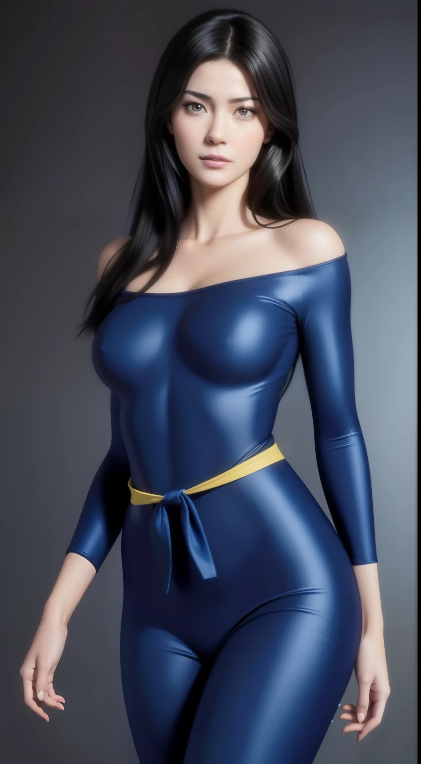 asterpiece, best quality, highly detailed, ultra high resolution, (photorealistic: 1.8), unreal_engine, photography, realistic_skin_texture, wallpaper, 1 boy, hayato kasukabe, japanese face, (ultra detailed face), 8k, trending on artstation, highly detailed , best quality, ultra detailed, realistic, Hitomi Kisugi, 1 girl, beautiful girl, long black hair, beautiful detailed eyes, beautiful detailed lips, eyelashes, beautiful eyes, beautiful brown eyes, detailed face, beautiful face, beautiful face, blue bodysuit, dressed in blue, off the shoulder, a thin yellow sash around the waist, bright colors, HDR, studio lighting, sharp focus, in action towards the spectator, posing towards the spectator.