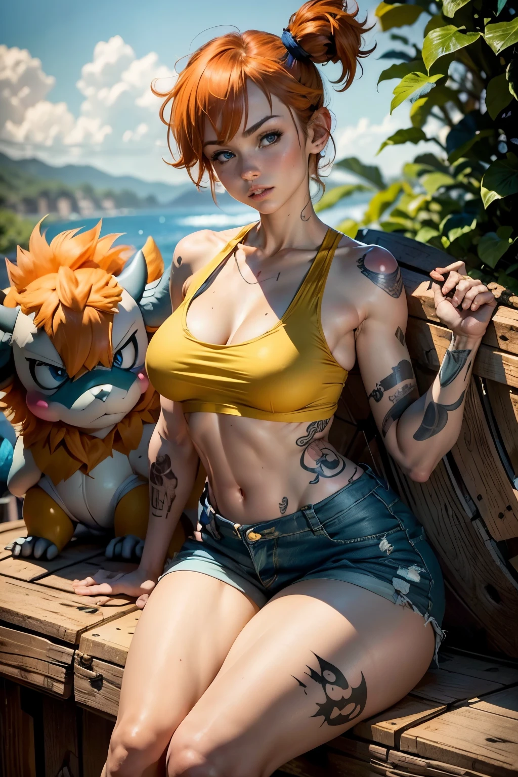 (masterpiece: 1.5, best quality: 1.5, absurd), ultra detailed, perfect anatomy, (reference hand anatomy: 1), correct anatomy, realistic and detailed face, 1 girl, misty (pokemon, Misty:1) , orange hair, alone, serious face appearance, full sweatpants, suspenders, side ponytail, orange hair, abdomen, yellow crop top, navel, short hair, denim, cowboy style jean shorts, outdoors, under, medium and round breasts, (tattoos on the arms, one arm with a flame tattoo and the bull arm with tattoos of Japanese type waves), externally expanded chest, dynamic sexy pose, sitting with pokemons, background of the pinky room.