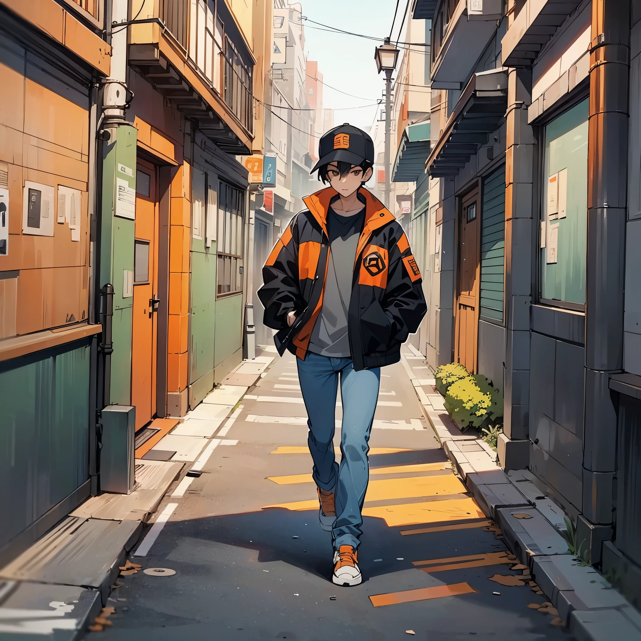 A young man，black hair，Wearing a baseball cap，Wearing an orange jacket，jeans，Walking alone in the streets and alleys。illustration style，Marker sketch style，front，walk，Sketch portraits of people。