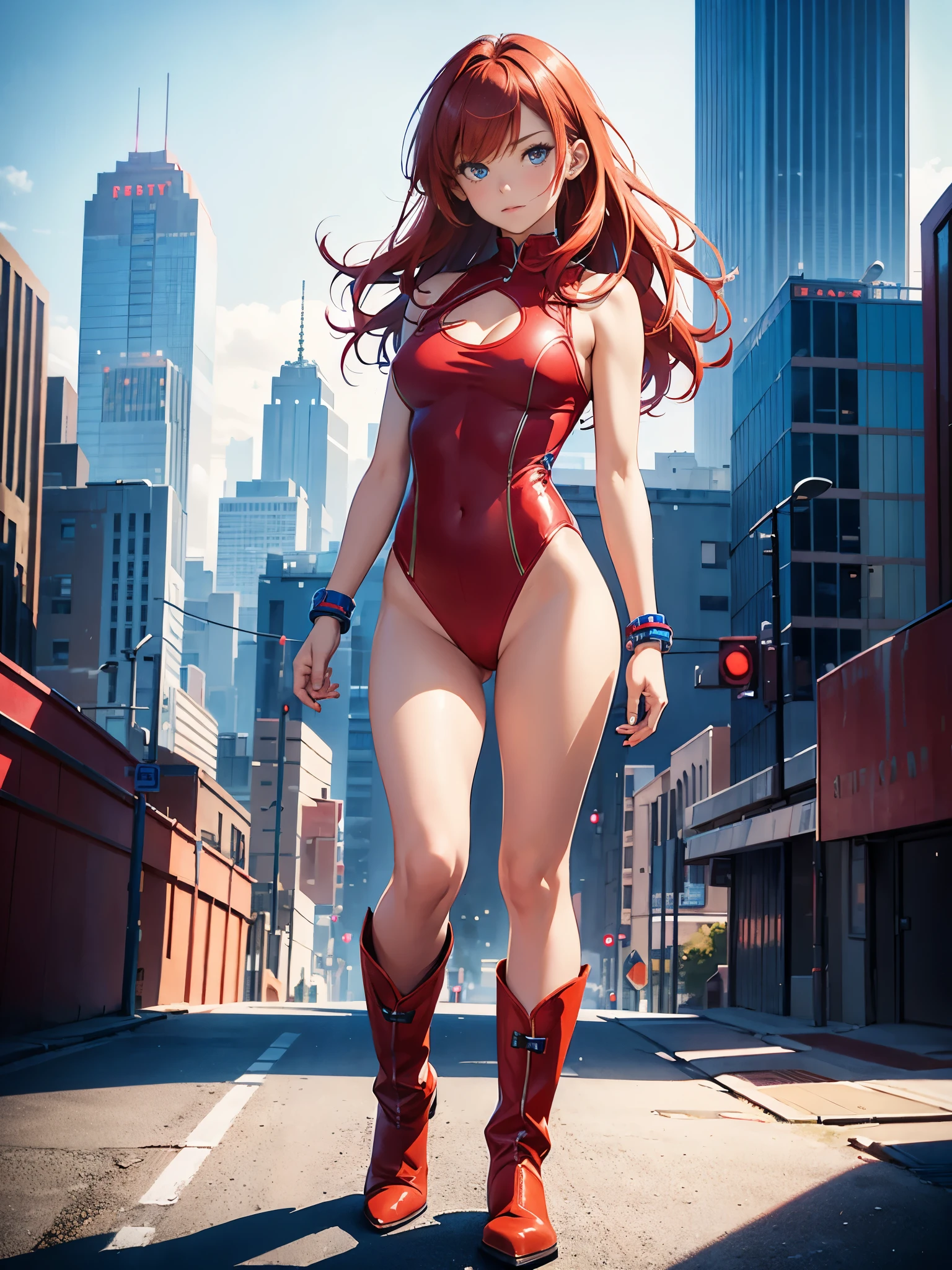 1girl, medium breasts, leotard, red leotard with blue accents, bare legs, boots, matching boots, bracelets, city backdrop, solo, single, standing, full body shot, cowboy shot, beautiful detailed eyes, mature lady, red hair, medium hair