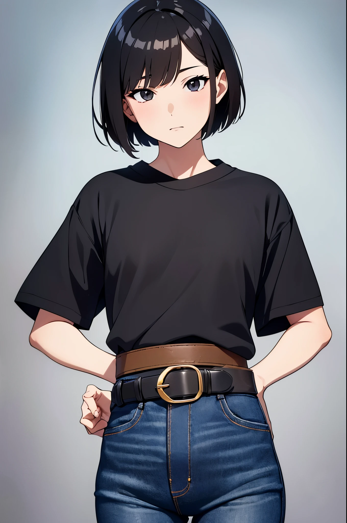(boyish woman,japanese woman,one person,anime style,Full color CG image:1.5),
anime styleのボーイッシュなjapanese womanのFull color CG imageを生成してください。Her unique style and anime-like characteristics stand out.、Generate attractive images。
BREAK, 
(very small breasts:1.6),
(black hair,short hair,short bob,small hips,black eyes,slanted eyes,thin waist:1.5),
black hairでshort hairのshort bobスタイルの女性。small hipsとvery small breastsが特徴で、black eyesとthin waistが彼女の独自の魅力を引き立てています。Generate an image that represents a woman with this unique style。
BREAK,
(black t-shirt,denim pants,brown belt,boyish design:1.5),
black t-shirtにdenim pants、brown beltを身にまとったboyish designの女性を表現した画像を生成してください。Please create an attractive image that highlights her cool and casual style.。
BREAK,
The camera angle captures her from head to toe.,
Highlight her beautiful fashion and attractive figure。
(looking at the viewer,cowboy shot:1.5),
BREAK,
(perfect face,完璧なhand,完璧なfoot,perfect fingers,detailed facial features,Detailed garment features:1.5), 
perfect face,hand,foot,Please describe the scene where you hold your fingers.。
Each part is beautifully arranged down to the smallest detail.,Make sure you feel perfect symmetry and harmony。 
at the same time,detailed facial featuresと衣服の特徴も加え、Highlight your individuality and uniqueness。
Crisp and razor-sharp details(super clear details:1.5)and amazing color depth(color depth:1.25)is required。
Must imitate the unparalleled sharpness and color vibrancy of photos taken with ultra-high-end cameras such as MS and Fujifilm XT3,
