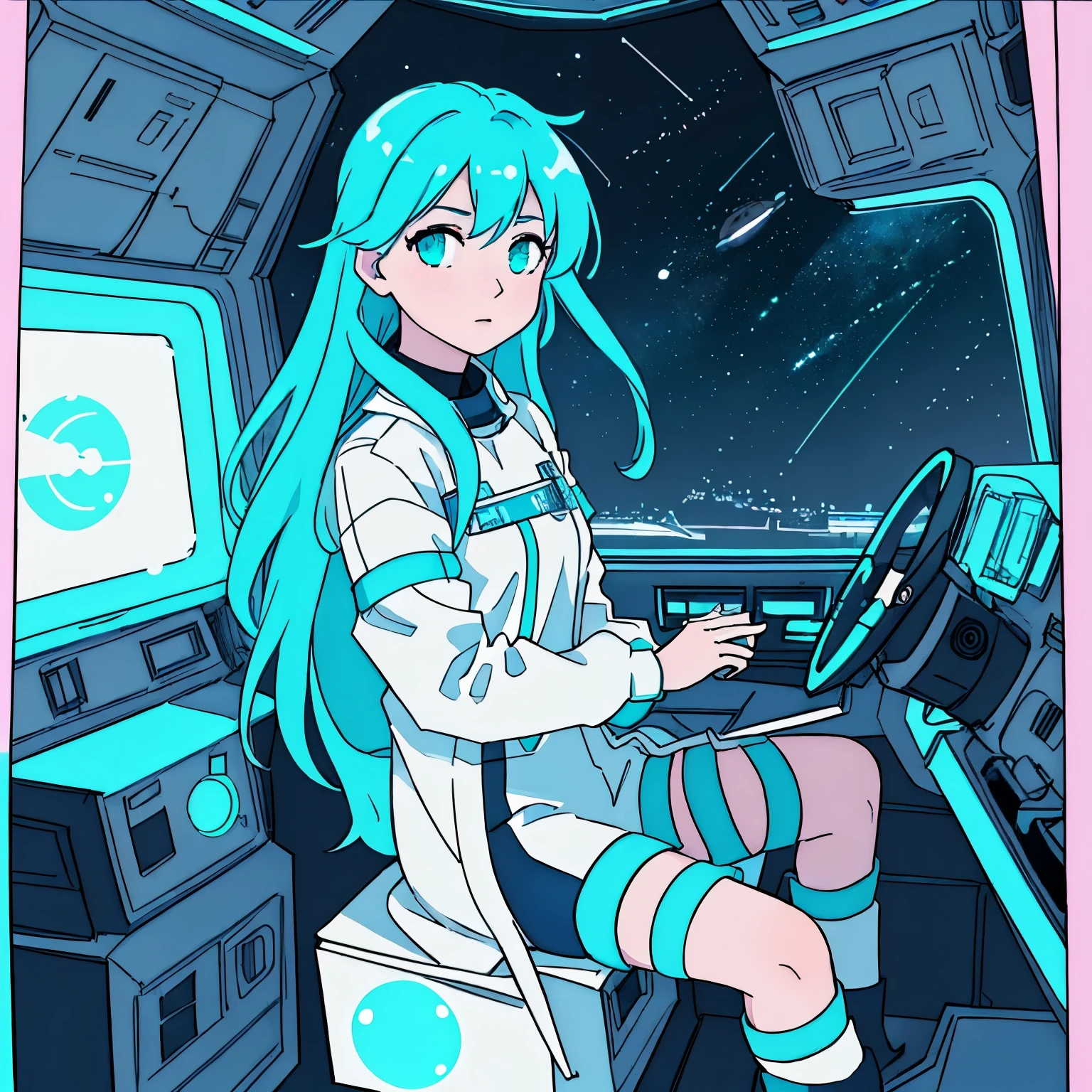 Imagine waking from suspended animation inside a cylindrical tank, first-person view, hands suspended in clear liquid, peering out to a spaceship cockpit. The interior softly lit by neon pink and turquoise lights, providing a gentle contrast to the minimalist, lived-in look of the cockpit adorned with personal touches. Vital signs float holographically on the tank's side, with vital statistics clear against the ship's detailed backdrop. The serene outer space scene visible through the cockpit, featuring a cool blue star and planets with moons, enhances the awakening ambiance. The image marries Seinen manga's clarity with lo-fi art's moodiness, devoid of any crew presence for a solitary feel