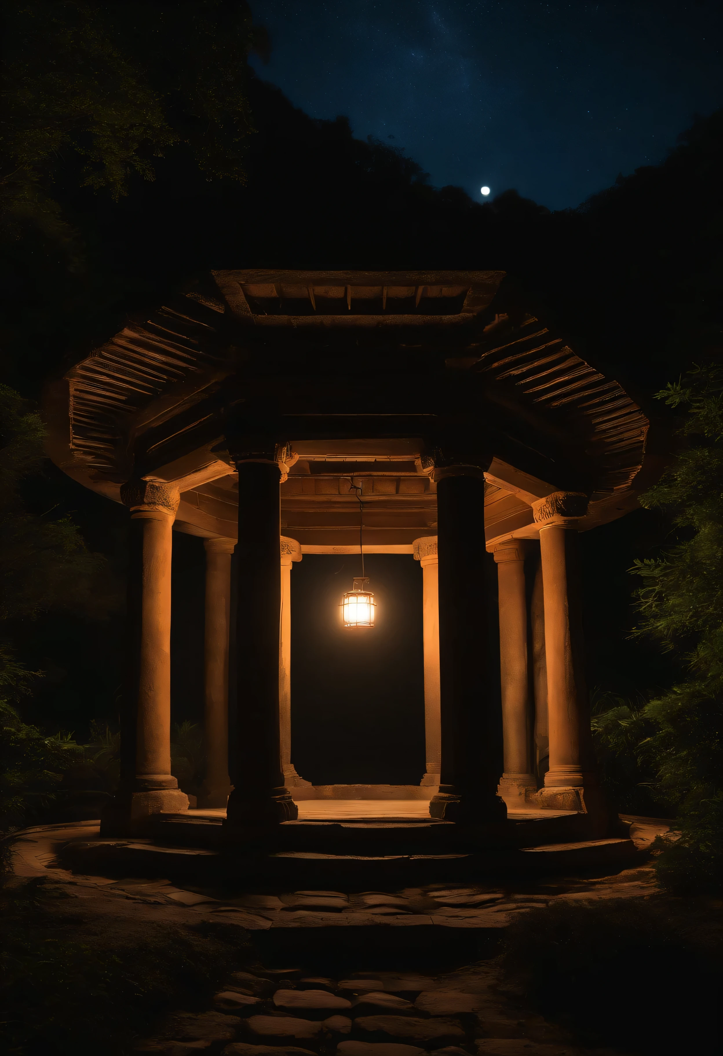 (((background)))(((Experience the nighttime serenity of Gyan Kup Well. Capture the well illuminated under the soft glow of moonlight. Showcase the tranquil atmosphere and the well's silhouette against the night sky.)))