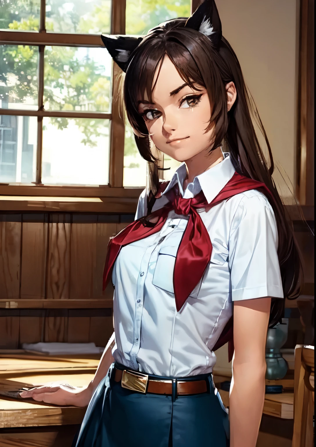 very young slim fit girl, full height, rounded face, very long disheveled dark brown hair, big brown eyes, shy smile, perfect flat breast, band on head with fake cat ears, sashagrey, pioneer neckerchief, short tight blue pleated skirt, bangs, tight white shirt, short sleeves, collared shirt, belt, red neckerchief, breast pocket