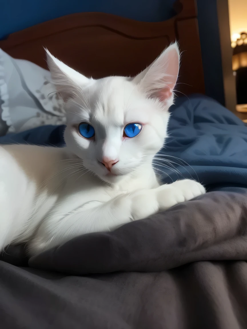 there is a white cat laying on a bed with a blue blanket, white ( cat ) girl, white cat, albino mystic, young handsome pale roma, pale blue eyes!, small blue eyes, intense albino, cute furry needs your help, pale white face, cattie - brie of mithril hall, with pointy ears, white male, white skin and reflective eyes