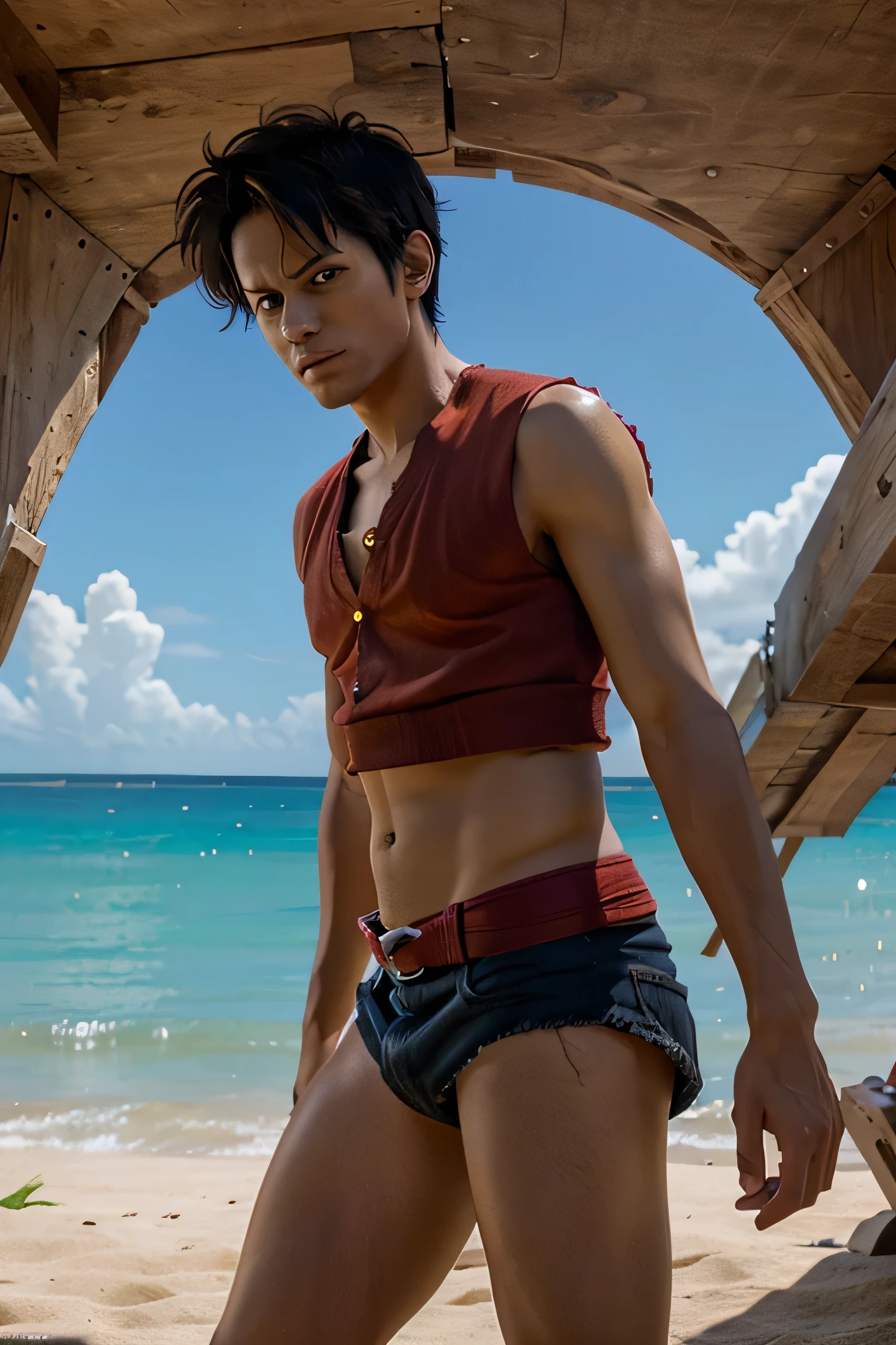 (man), , (frontal face), Aztec handsome muscular man, his skin has an olive or tan complexion, often with a sun-kissed look. Their hair is black and straight, often wear short. Their face is wide, typically with straight noses and pronounced jaws. he generally has a medium to slightly small stature and a muscular and robust physique. Male warrior, in particular, is often well-built. Regarding attire, he wears elaborate clothing. he commonly wears a tight loincloth and adorns himself selves with capes (called "capotes") or mantles adorned with feathers and jewels. mischievous smile, (high detail:1 1)、big male genitals under bikini, Natural muscle、highly quality、beautiful eye、(detailed face and eyes)、(faceless:1 2)、noise、real photo、...PSD、sharp focus、high resolution 8k、Realistic and professional photos、8K UHD、soft lighting、highly quality、film grain、Fujifilm XT3 , big hips , big thighs , big buttcks , full length shot (fls) , foot