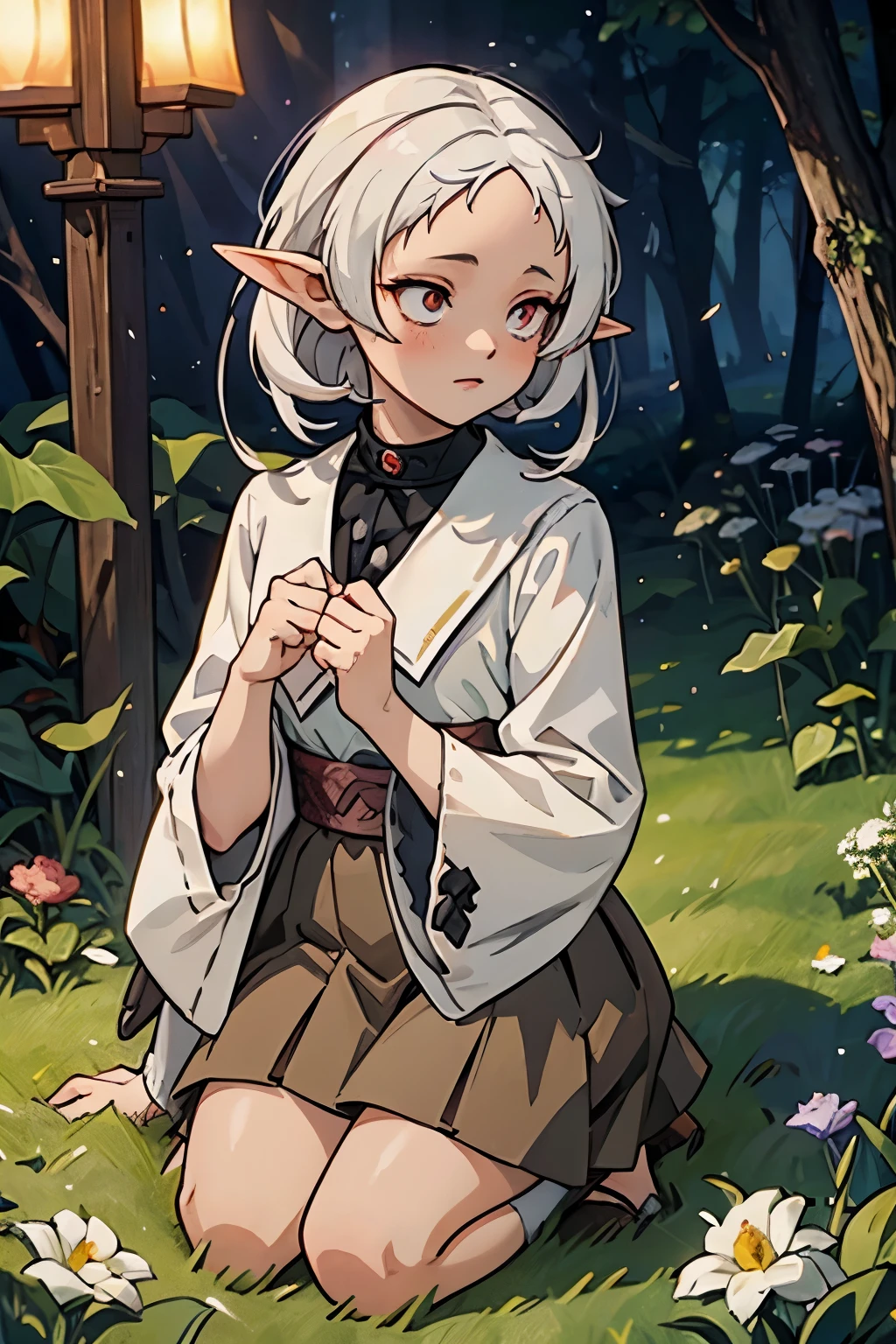 A character named Sylphiette Greyrat with elf-like ears and white tomboyish hair, the eyes are red colored with black pupils. Her forehead is visible and detailed with a signal. The character is wearing a white long-sleeve shirt and a brown skirt, is crouching on the grass amidst a serene and beautifully illuminated forest. Mushoku Tensei. anime style masterpiece.