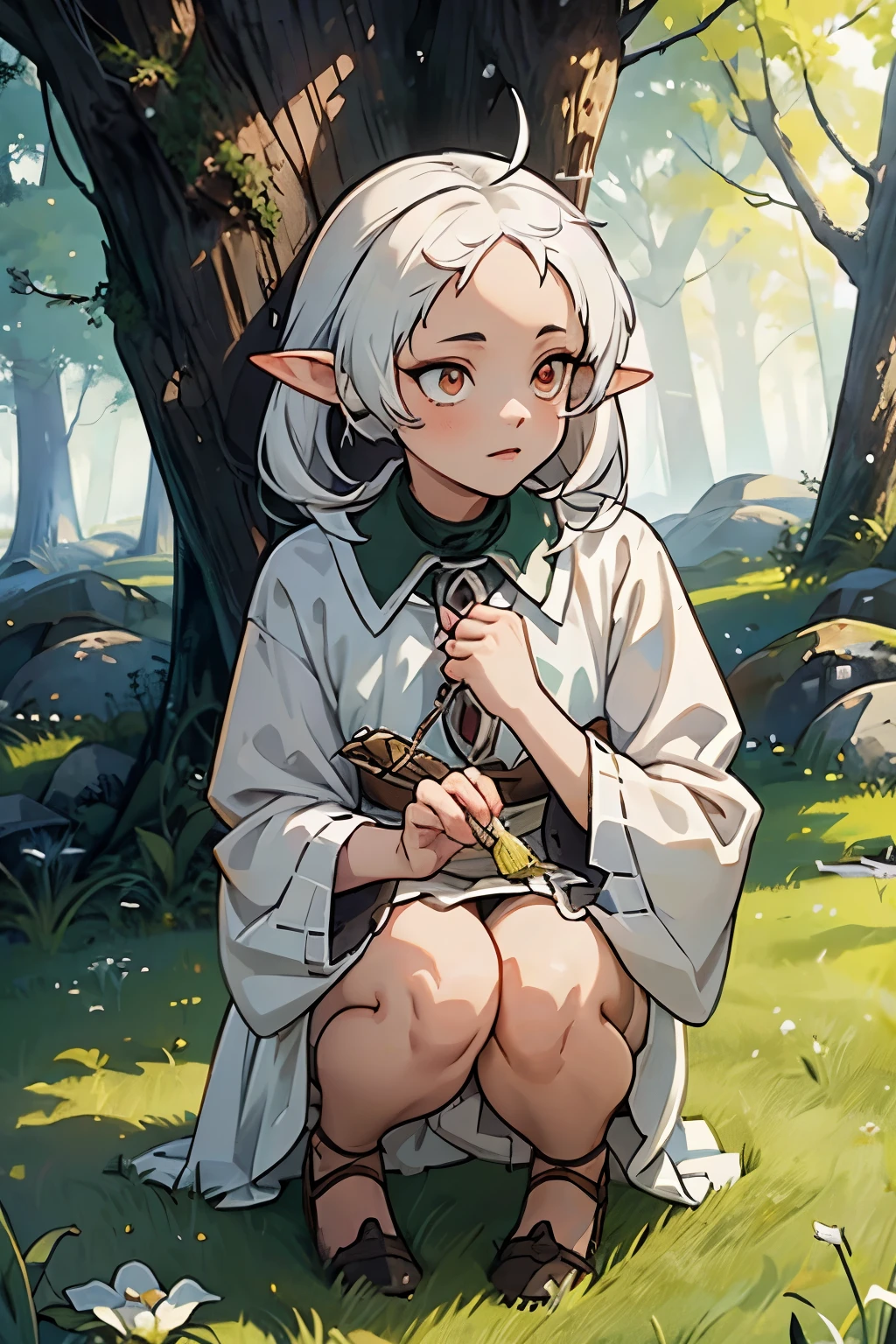 A character named Sylphiette Greyrat with elf-like ears and white tomboyish hair, the eyes are red colored with black pupils. Her forehead is visible and detailed with a signal. The character is wearing a white long-sleeve shirt and a brown skirt, is crouching on the grass amidst a serene and beautifully illuminated forest. Mushoku Tensei. anime style masterpiece.