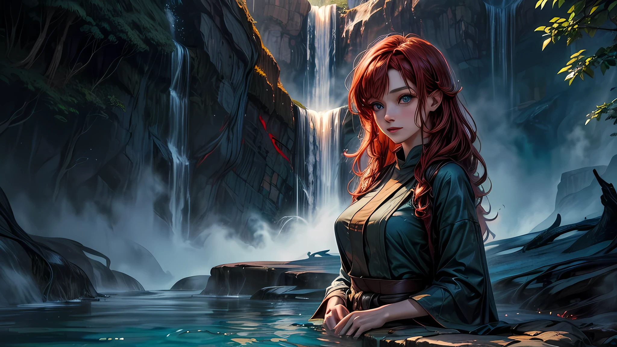 fantasy art, photorealistic, D&D art, a picture of a female monk sitting and meditating near a waterfall, at the base of the waterfall,  there is a human woman monk wearing monk garbs, meditating near a bonfire near an (epic sized waterfall: 1.3), red hair, long hair, full body (best details, Masterpiece, best quality :1.5), ultra detailed face (best details, Masterpiece, best quality :1.5), ultra feminine (best details, Masterpiece, best quality :1.5), exquisite beautiful (best details, Masterpiece, best quality :1.5) red hair, long hair, wavy hair, pale skin, blue eyes, intense eyes, water coming down from a volcanic cliff, multi level water falls, several pools created in different levels, forming new waterfalls, water cascading into a (large lava pool: 1.3) steam rising, clear water in many hues of blue and azure falling, ultra best realistic, best details, best quality, 16k, [ultra detailed], masterpiece, best quality, (extremely detailed), ultra wide shot, photorealism, depth of field, hyper realistic painting, magv1ll