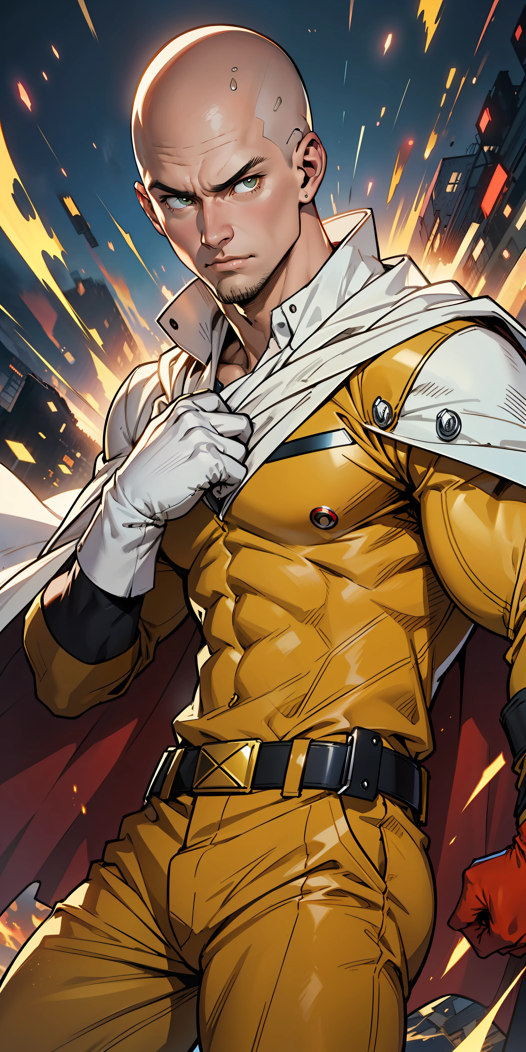Best quality, ultra high resolution 8k, beautiful boy, manly man, bald head, very brave beautiful face, very fine face, slim and athletic body, yellow shirt, red gloves, white cape, yellow pants, suit stuck to body, almost a super hero, Saitama cosplay, action pose