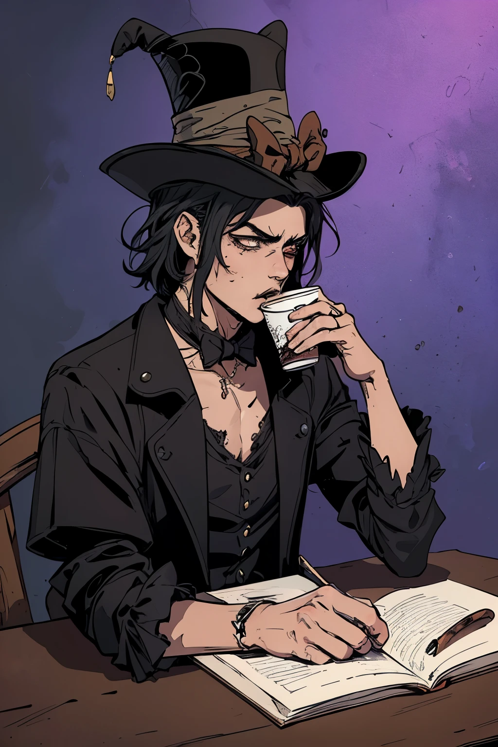 masterpiece:1.2, best quality, ultra detailed, male_focused, young, serious, cold, black layers over gear, archer, bowman gear, in the style of Kentaro Miura, fantasy, SCI-FI, light background,a close up of a person sitting at a table with a cup of coffee, grim-hatter, the madhatter, the mad hatter, mad hatter, in style of tim burton, the rad hatter, dark and horror style, female mad hatter, tim burton style, he is wearing a top hat, surreal tea party, like alice in wonderland