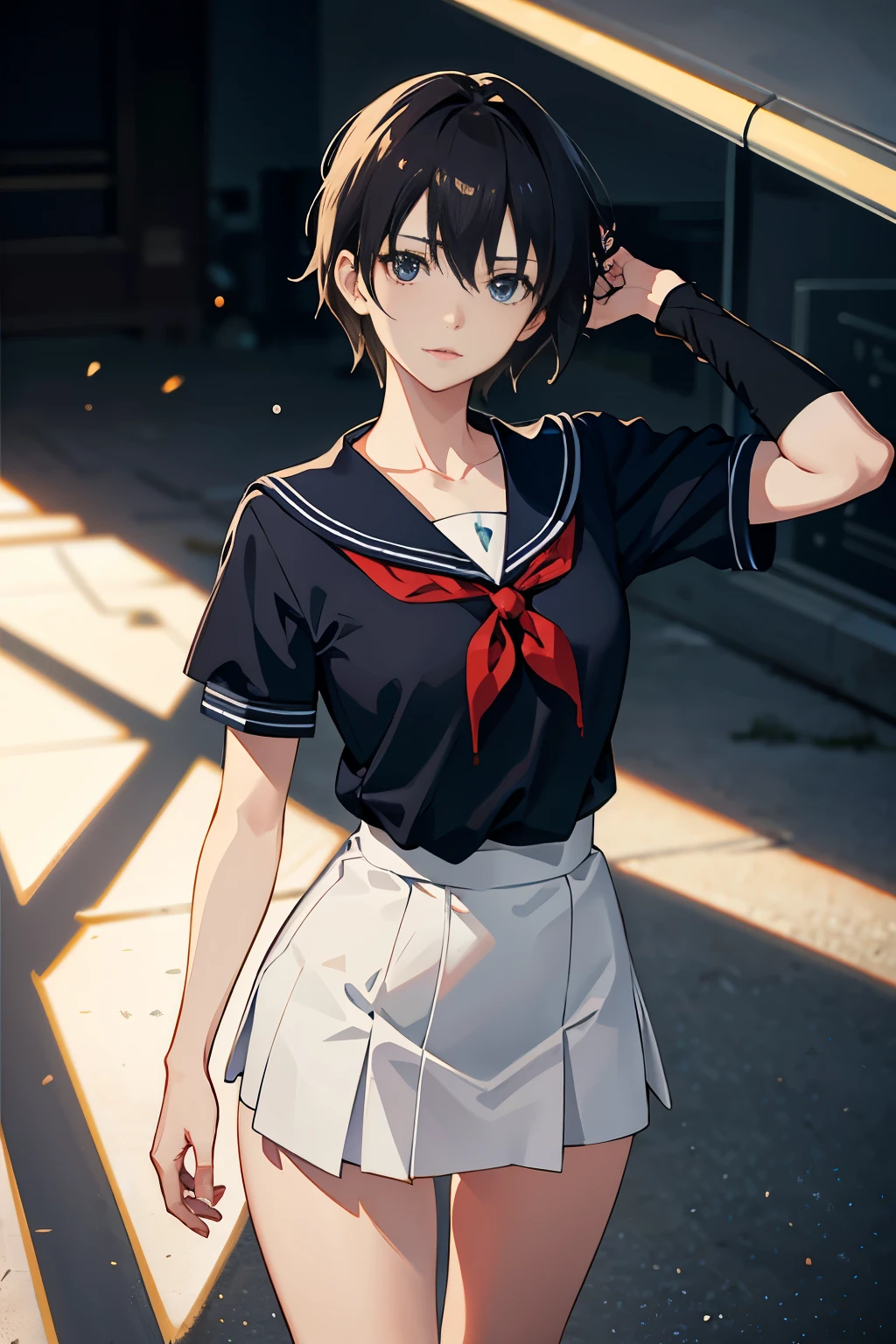 Masterpiece, one waifu, solo, anime character with a hugely skinny frame, wearing a traditional anime school uniform, delicate and neat appearance, cute and alluring, 8k resolution, ultra-realistic, highly detailed, shimmering skin, realistic perspective, dynamic light and shadow, sharp focus, expressive eyes with large, realistic pupils, long, slender legs, in the style of anime artists such as Makoto Shinkai or Yoshitaka Amano.