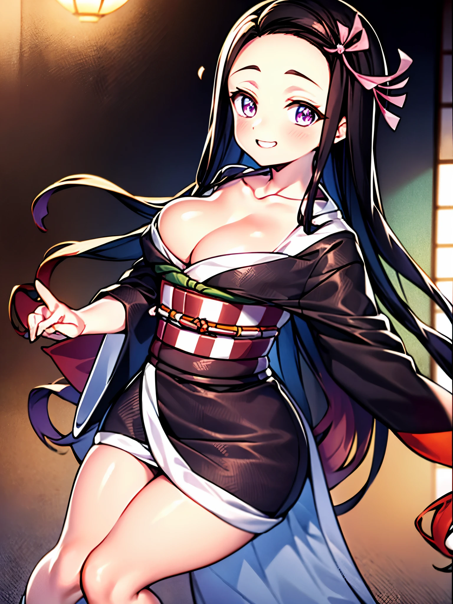 chef-d&#39;artwork, (Kimono rose), Seductive face, good lighting, low-cut, fine details, chef-d&#39;artwork, yeux brillants, 1fille, Cheveux noirs, gag, bambou, Nezuko Kamado, fond de glycine, chef-d&#39;artwork, best quality, Point de vue, tout le corps, Hanches larges,