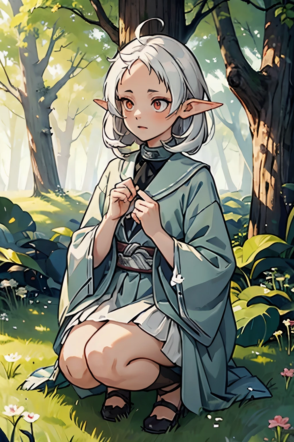 A character named Sylphiette Greyrat with elf-like ears and white tomboyish hair, the eyes are red colored with black pupils. Her forehead is visible and detailed with a signal. The character is wearing a white long-sleeve shirt and a brown skirt, is crouching on the grass amidst a serene and beautifully illuminated forest. Mushoku Tensei. anime style masterpiece.