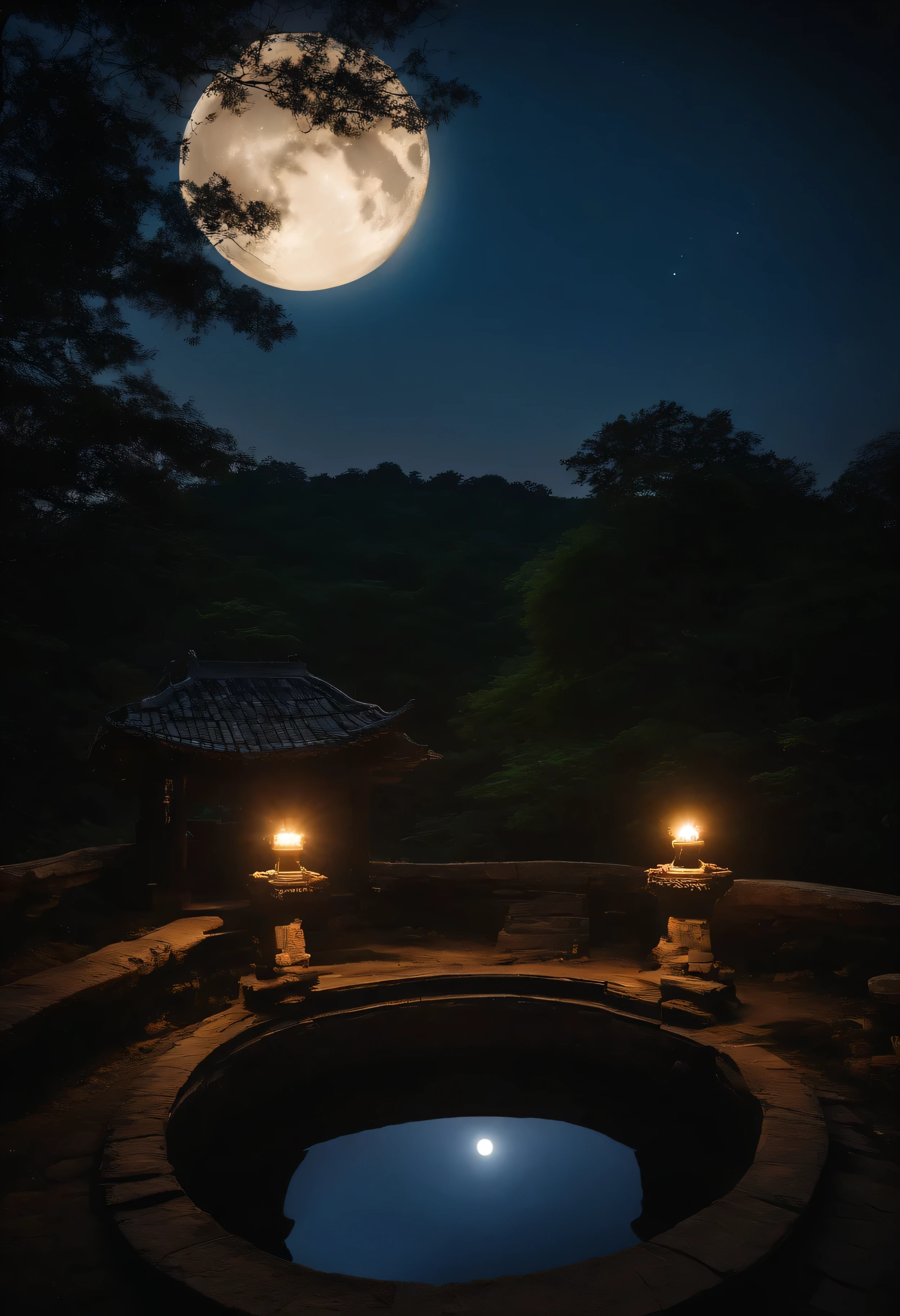 (((background)))(((Experience the nighttime serenity of Gyan Kup Well. Capture the well illuminated under the soft glow of moonlight. Showcase the tranquil atmosphere and the well's silhouette against the night sky.)))