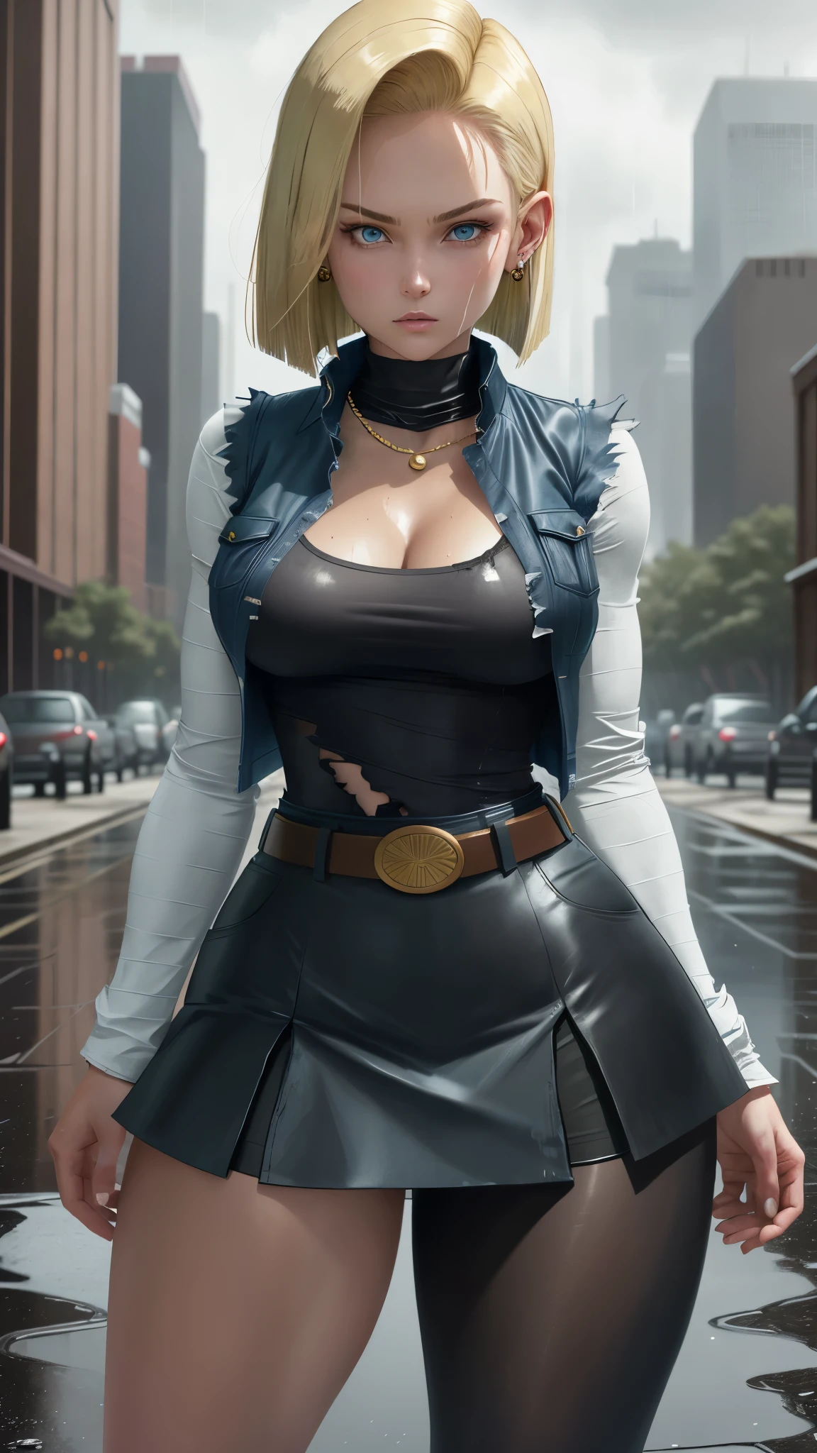 best quality, high-res, and18, 1girl, android 18, solo, blonde hair, blue eyes, belt, tight demin skirt, gold necklace, black shirt, short hair, long sleeves, earrings, open vest, denim vest, large breasts, cowboy shot, city park, straight-on, (weather: raining), guard stance, full length pantyhose, battle ruins, wide hips, thick legs, wet shirt, torn skirt,