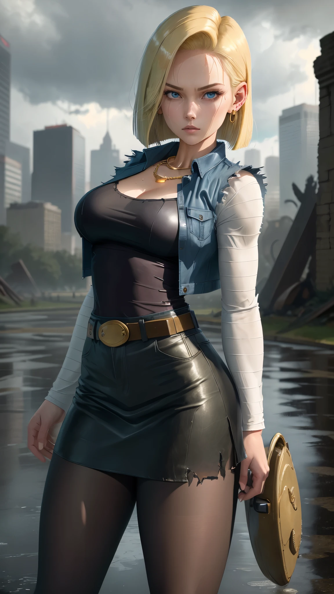 best quality, high-res, and18, 1girl, android 18, solo, blonde hair, blue eyes, belt, tight demin skirt, gold necklace, black shirt, short hair, long sleeves, earrings, open vest, denim vest, large breasts, cowboy shot, city park, straight-on, (weather: raining), guard stance, full length pantyhose, battle ruins, wide hips, thick legs, wet shirt, torn skirt,