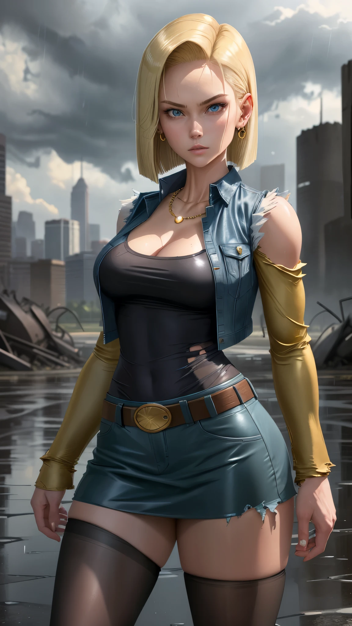 best quality, high-res, and18, 1girl, android 18, solo, blonde hair, blue eyes, belt, tight demin skirt, gold necklace, black shirt, short hair, long sleeves, earrings, open vest, denim vest, large breasts, cowboy shot, city park, straight-on, (weather: raining), guard stance, full length pantyhose, battle ruins, wide hips, thick legs, wet shirt, torn skirt,