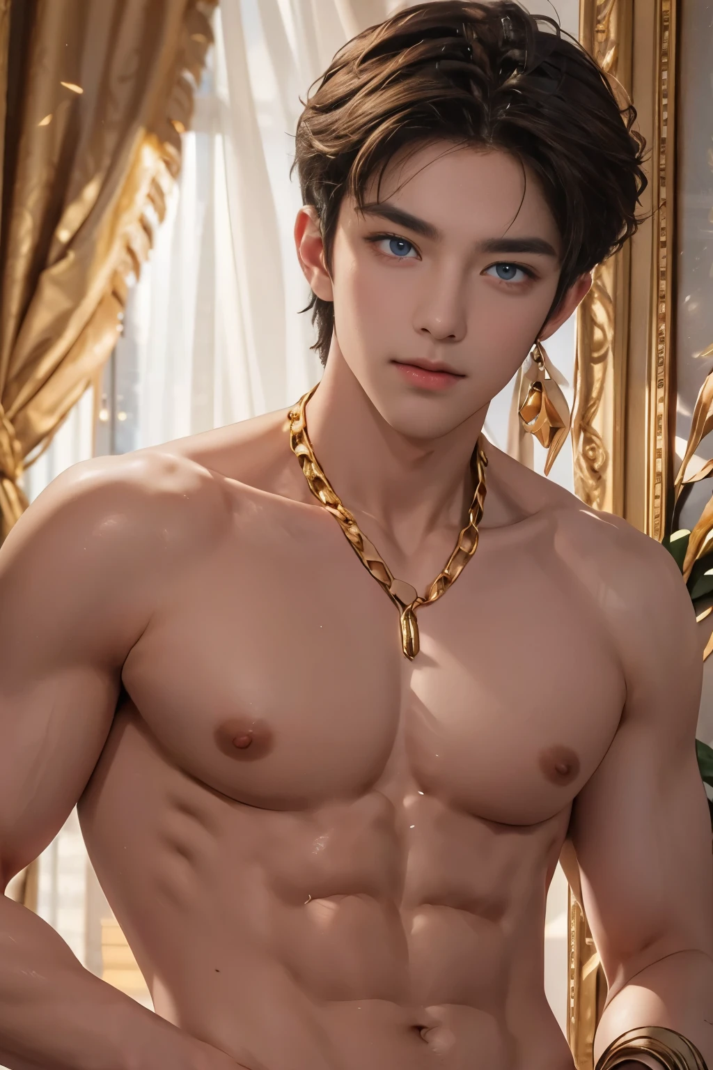 (Masterpiece, Best quality:1.2), 1 person, Solo attractive guy with heavenly colored eyes, delicate brown hair, magic , seductive look, mysterious smile with a smirk, very beautiful face , Detailed face image, big long nipples on the chest , Naked ,Handsome guy! diamond in ear. gold chain around the neck, full-length photo portrait of a cute boy of the highest quality!