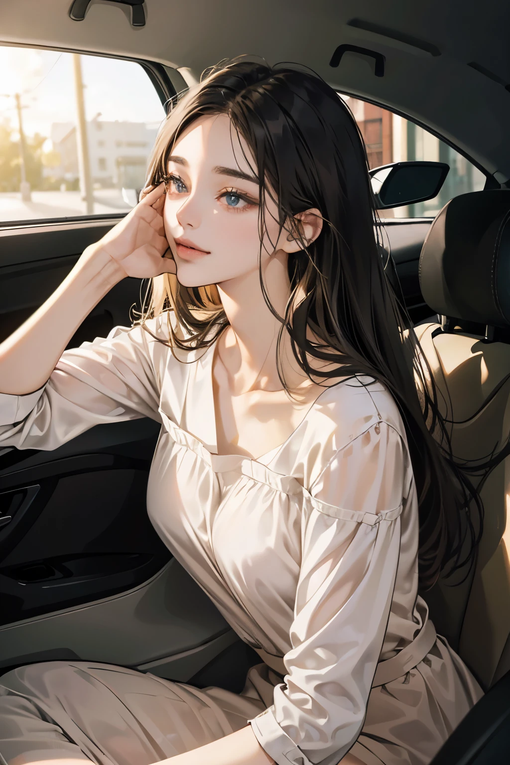(best quality,highres,masterpiece:1.2),ultra-detailed,realistic,photorealistic:1.37,a guy touching a girl's hair inside a car,sweet atmosphere,soft sunlight,romantic,dreamy,dynamic perspective,handsome guy,sensual hair,gentle touch,exciting chemistry,emotional connection,subtle smile,dark car interior,comfortable seat,leather upholstery,modern car design,sparkling eyes,delicate gestures,relaxed atmosphere,warm color palette,elegant lighting,romantic ambiance,magestic feeling,beautiful hairstyle,radiant beauty,loving gaze,subtle tension,mesmerizing allure,vivid colors.
