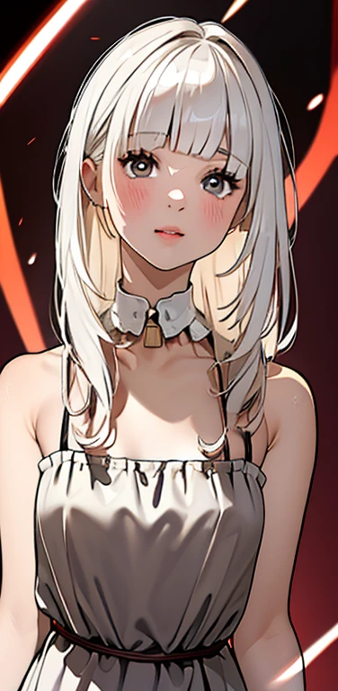 (8K、highest quality、masterpiece:1.2)、Super detailed、super resolution、Realistic、(1girl)  、(white hair)、(blunt bangs:1.5),RED eyes、(face focus:1.3,cowboy shot),(glowing eyes:1.4),(sundress:1.3)、(clear face:1.3),cute face,blush、small breasts,hair ribbon,(simple background),
