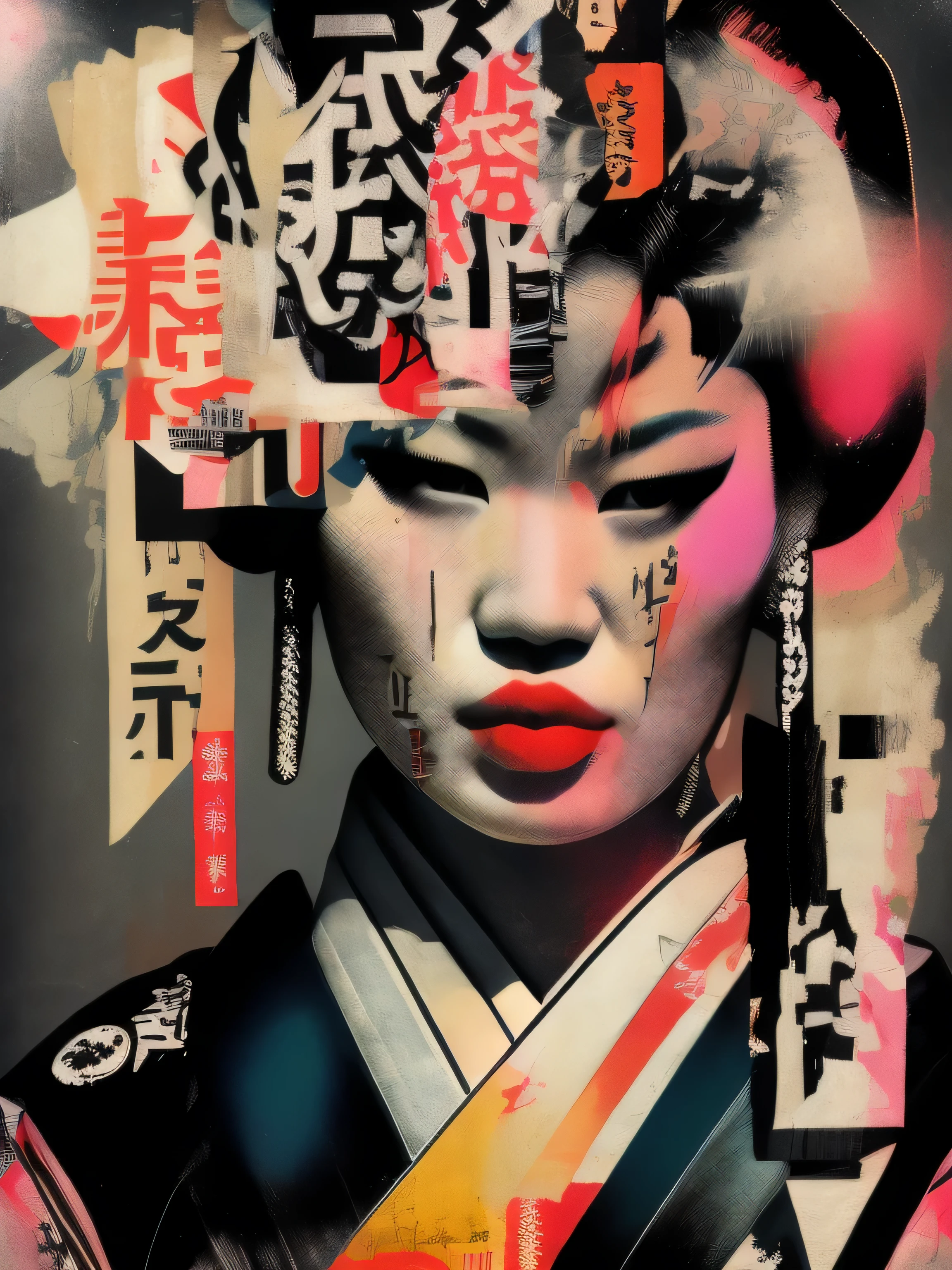 punk collage of a traditional pretty japanese geisha, hairpunk, fashion shoot editorial style, Hypebeast ultra fast fashion gang signs